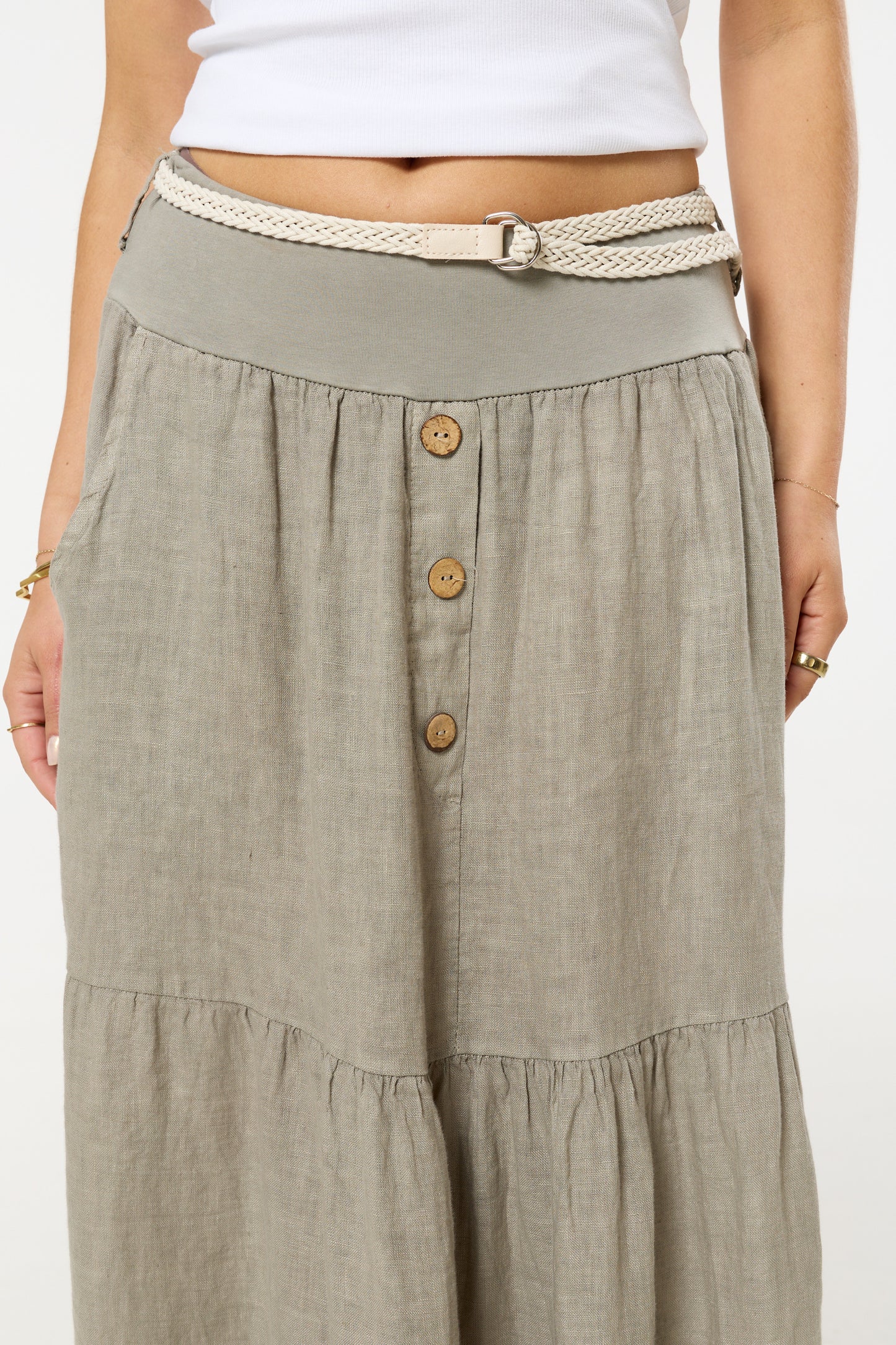 
                  
                    Taupe Linen Tiered Maxi Skirt With Belt
                  
                