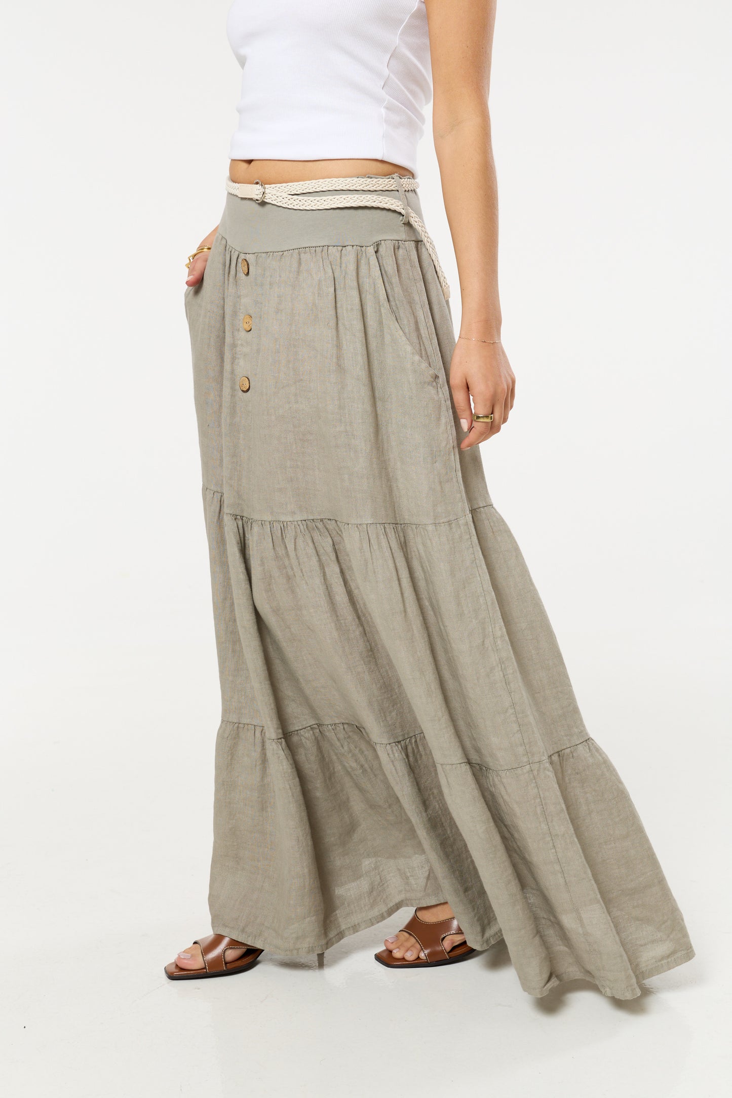 
                  
                    Taupe Linen Tiered Maxi Skirt With Belt
                  
                