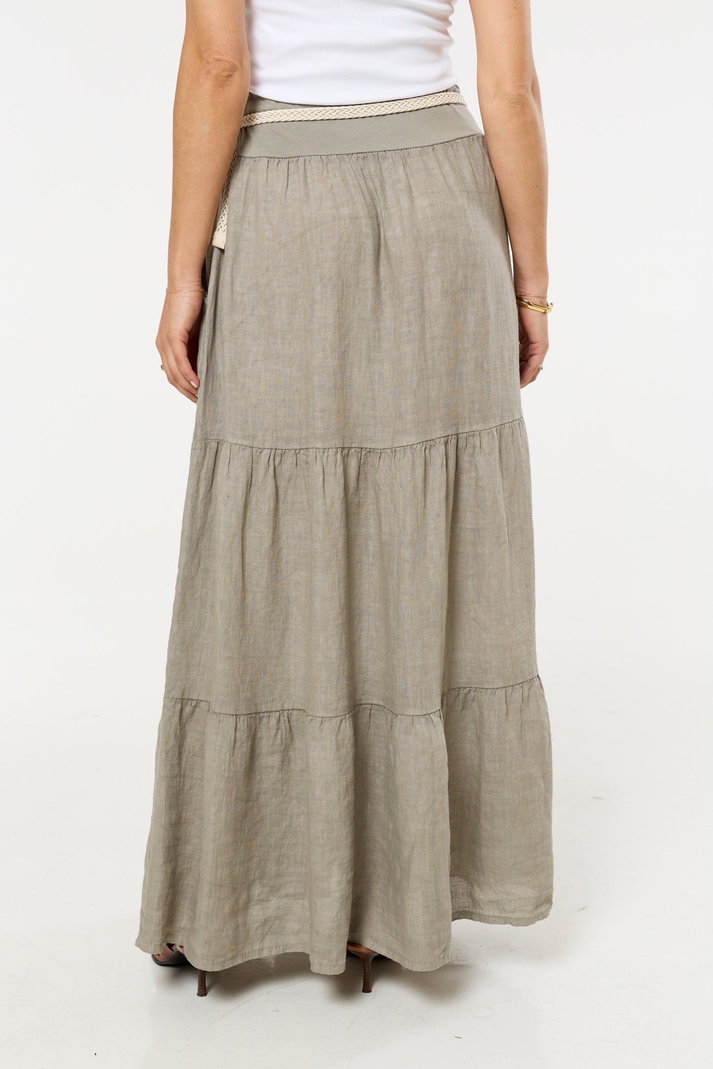 
                  
                    Taupe Linen Tiered Maxi Skirt With Belt
                  
                