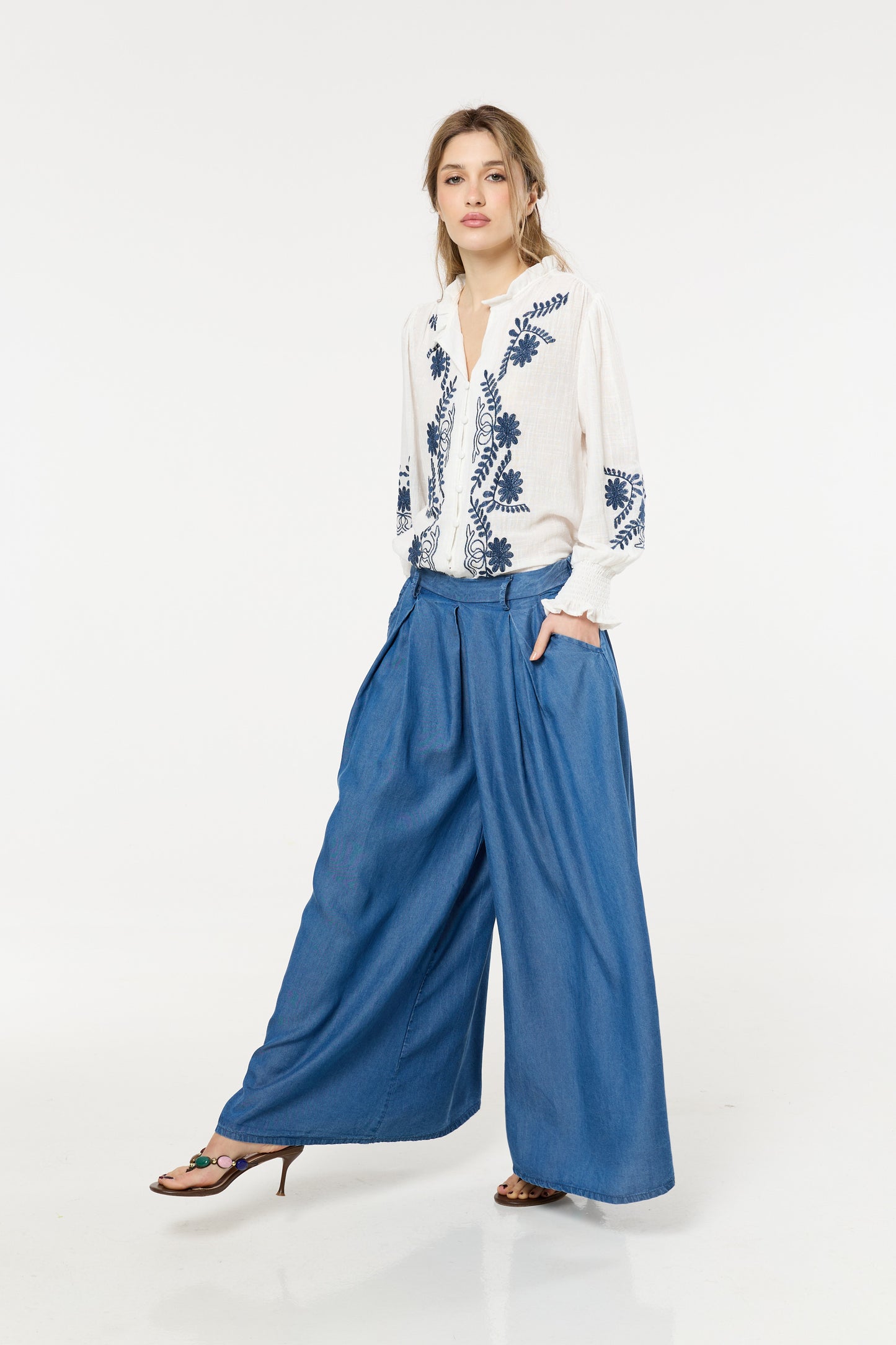 
                  
                    Dark Blue Denim Wide Leg Palazzo Trousers
                  
                
