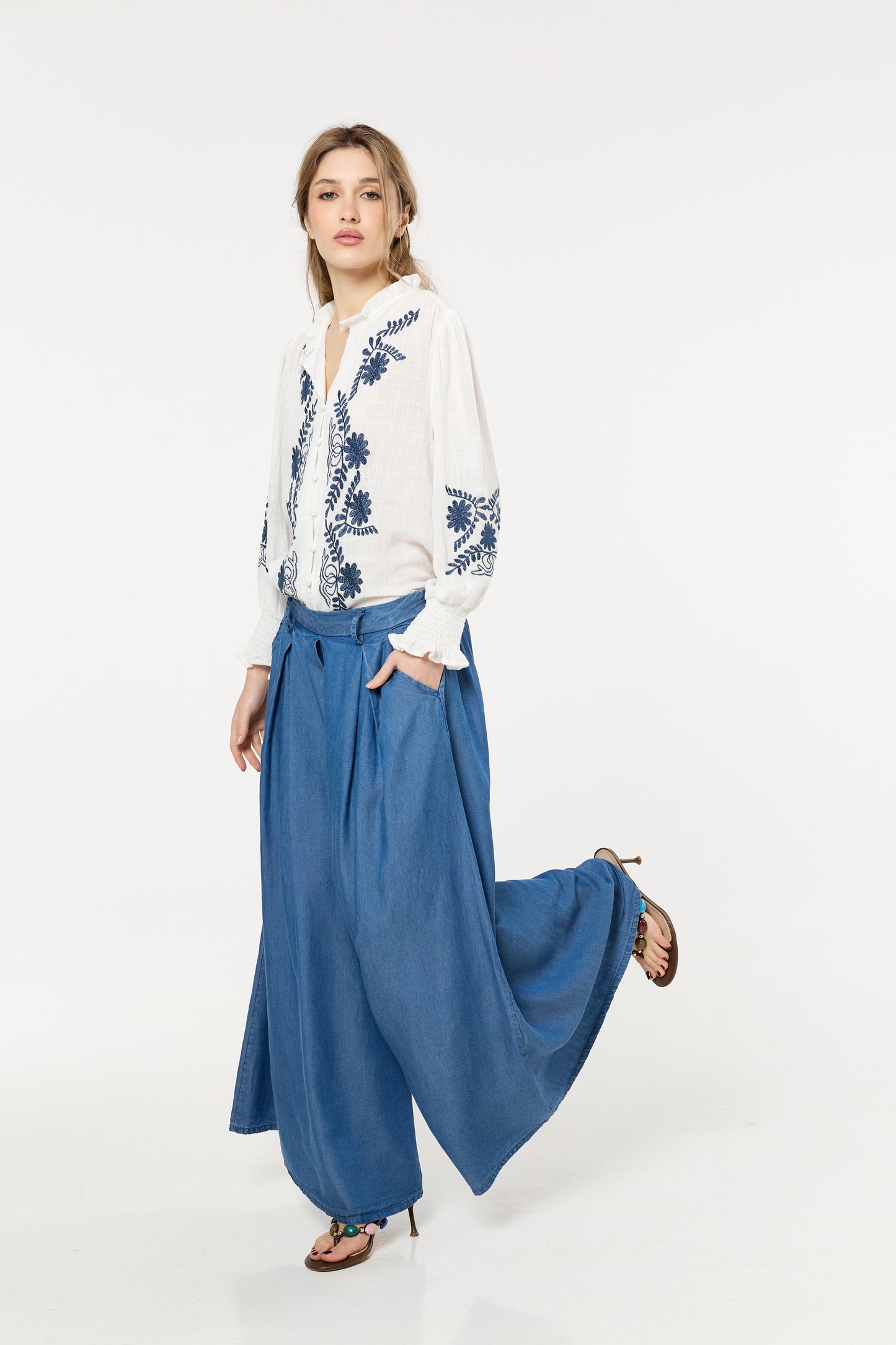 
                  
                    Dark Blue Denim Wide Leg Palazzo Trousers
                  
                