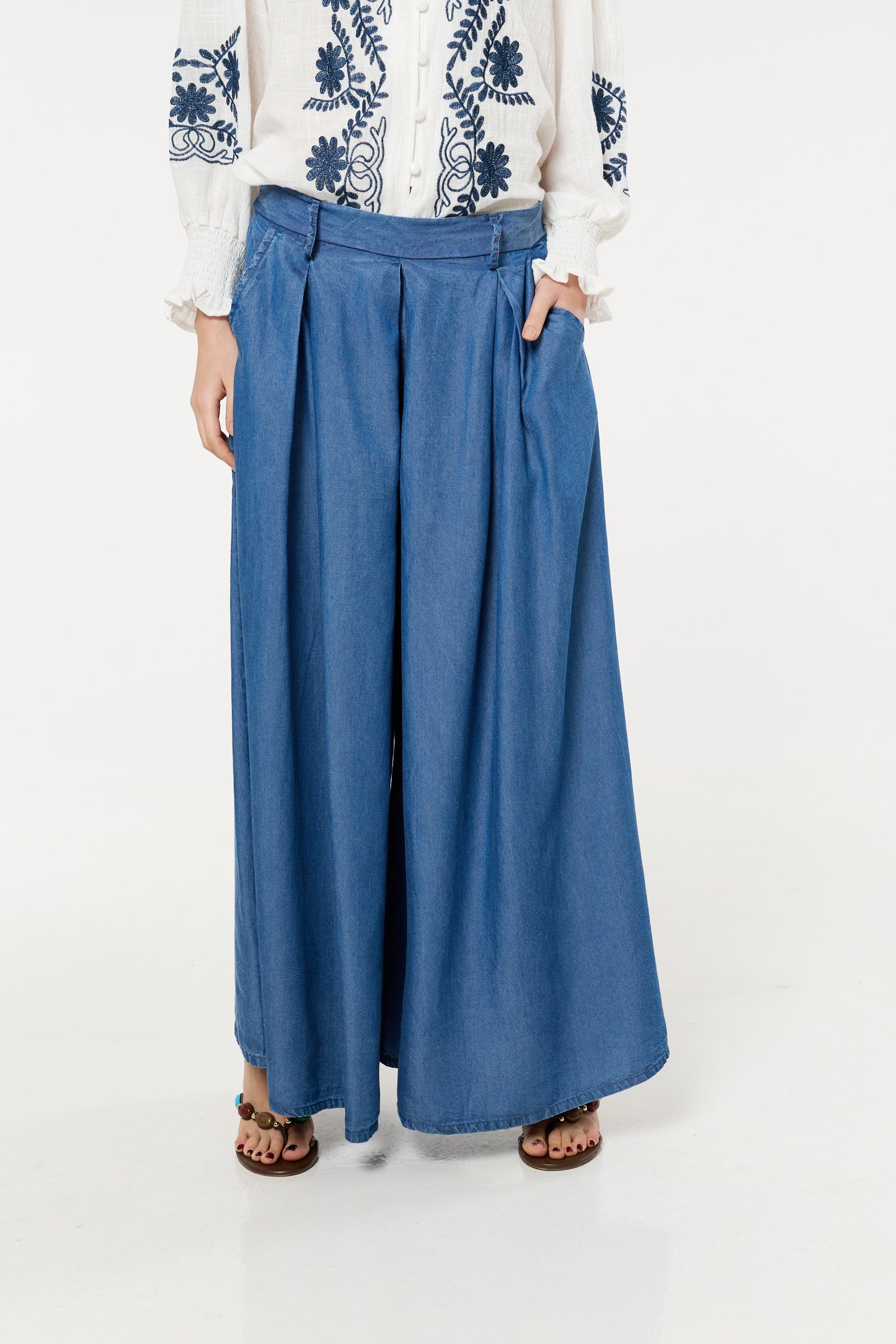 
                  
                    Dark Blue Denim Wide Leg Palazzo Trousers
                  
                