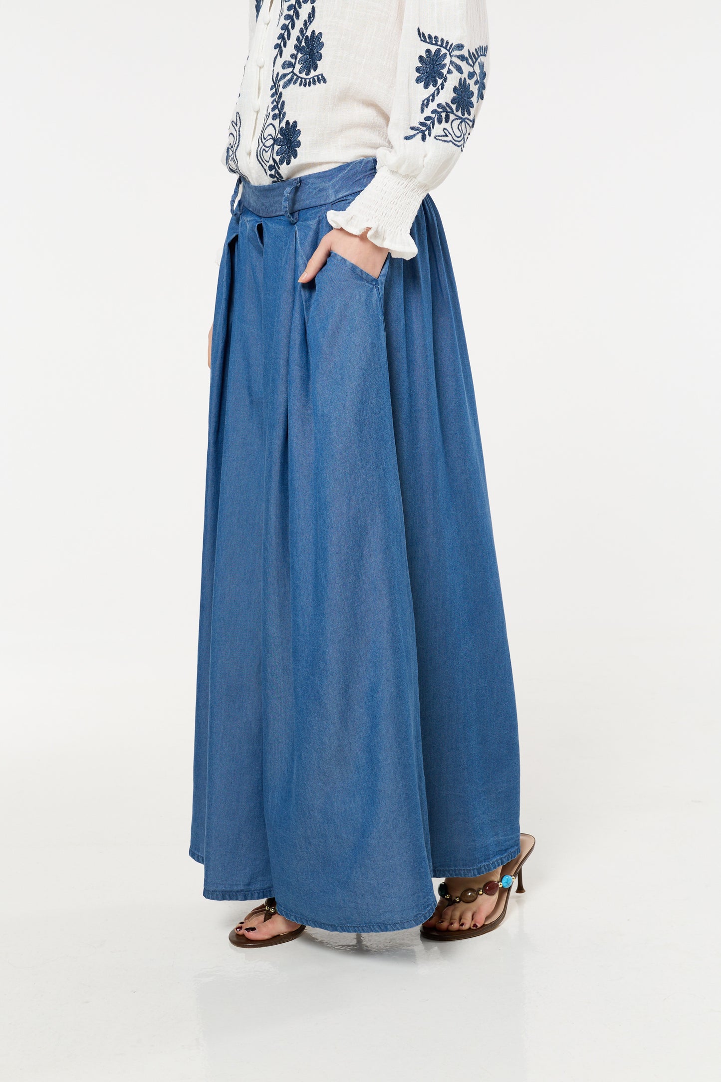 
                  
                    Dark Blue Denim Wide Leg Palazzo Trousers
                  
                