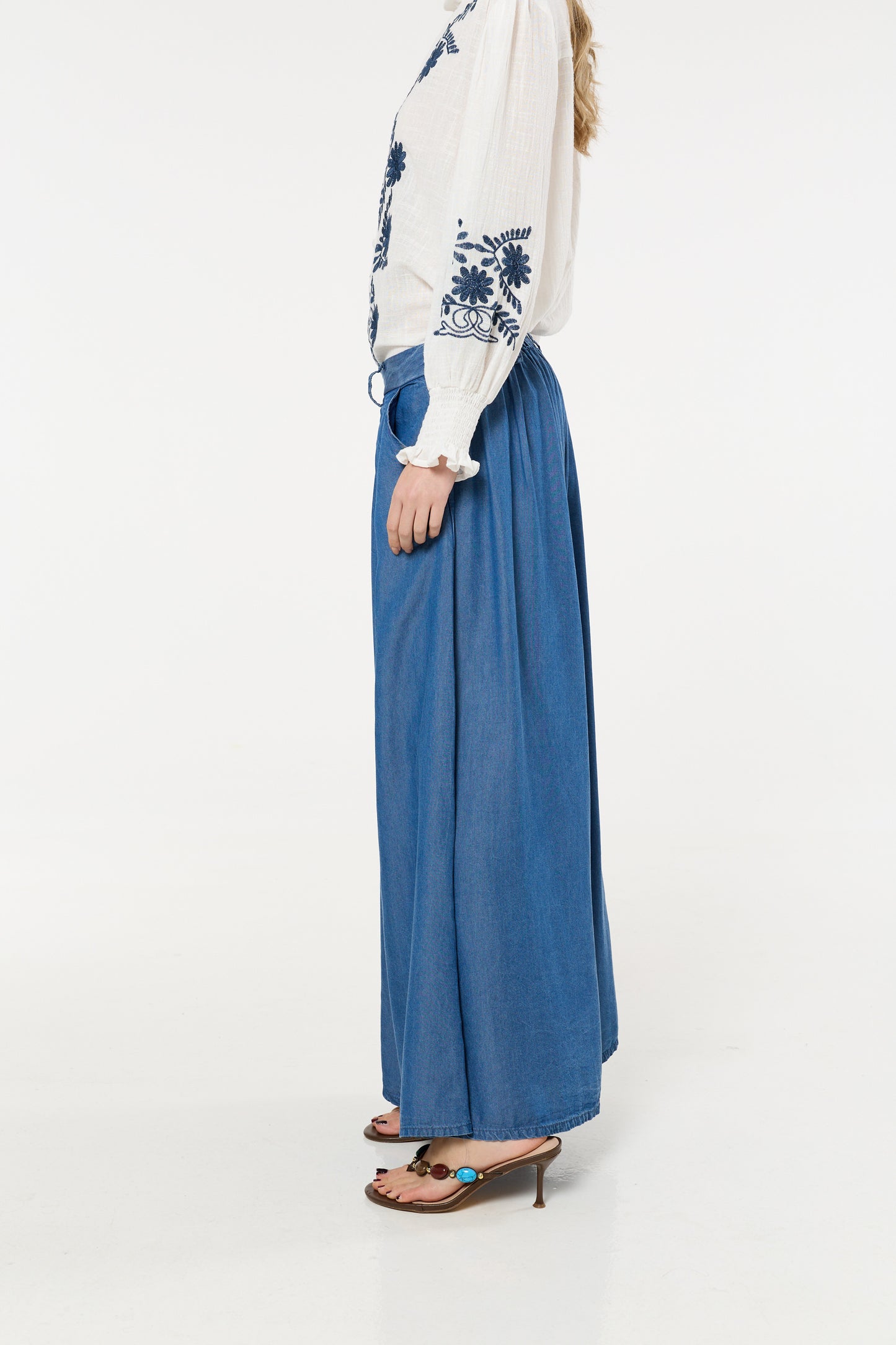 
                  
                    Dark Blue Denim Wide Leg Palazzo Trousers
                  
                