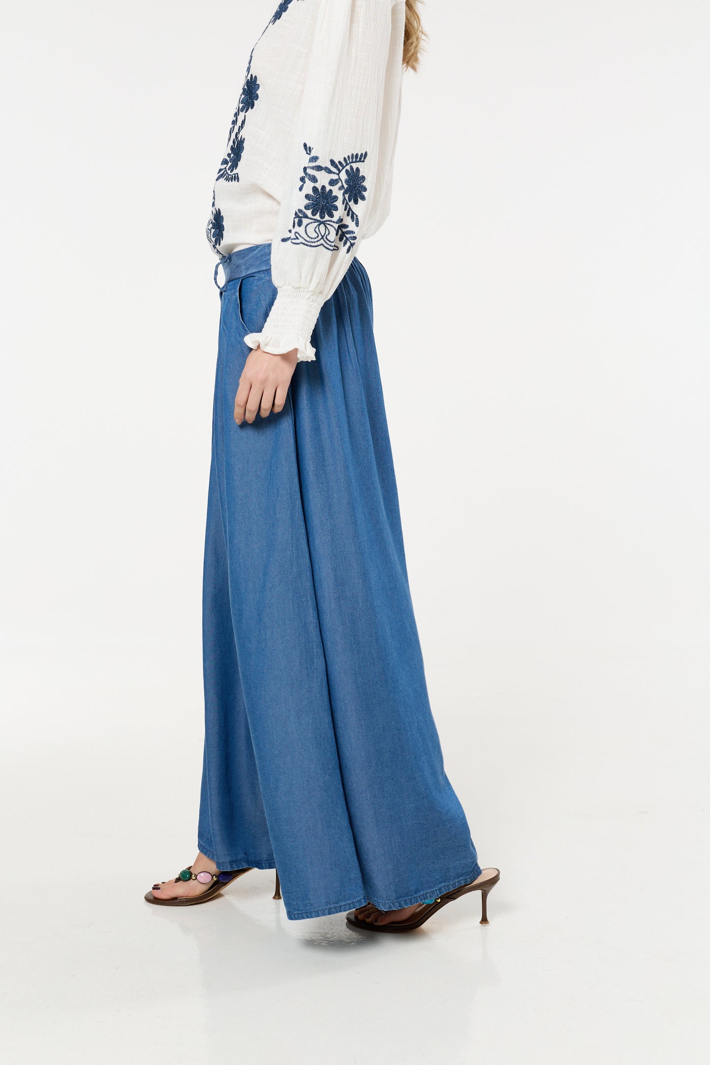 
                  
                    Dark Blue Denim Wide Leg Palazzo Trousers
                  
                