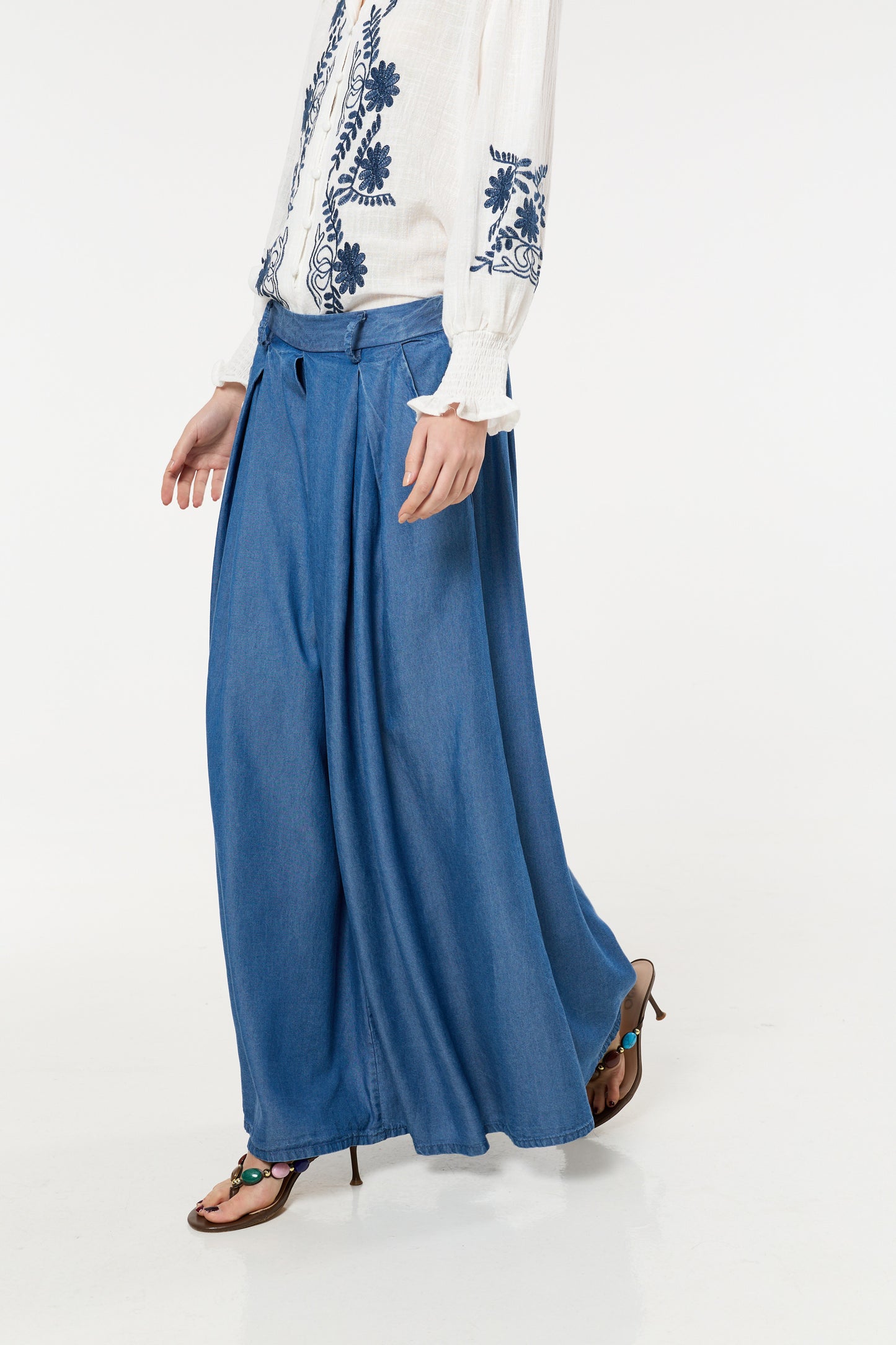 
                  
                    Dark Blue Denim Wide Leg Palazzo Trousers
                  
                