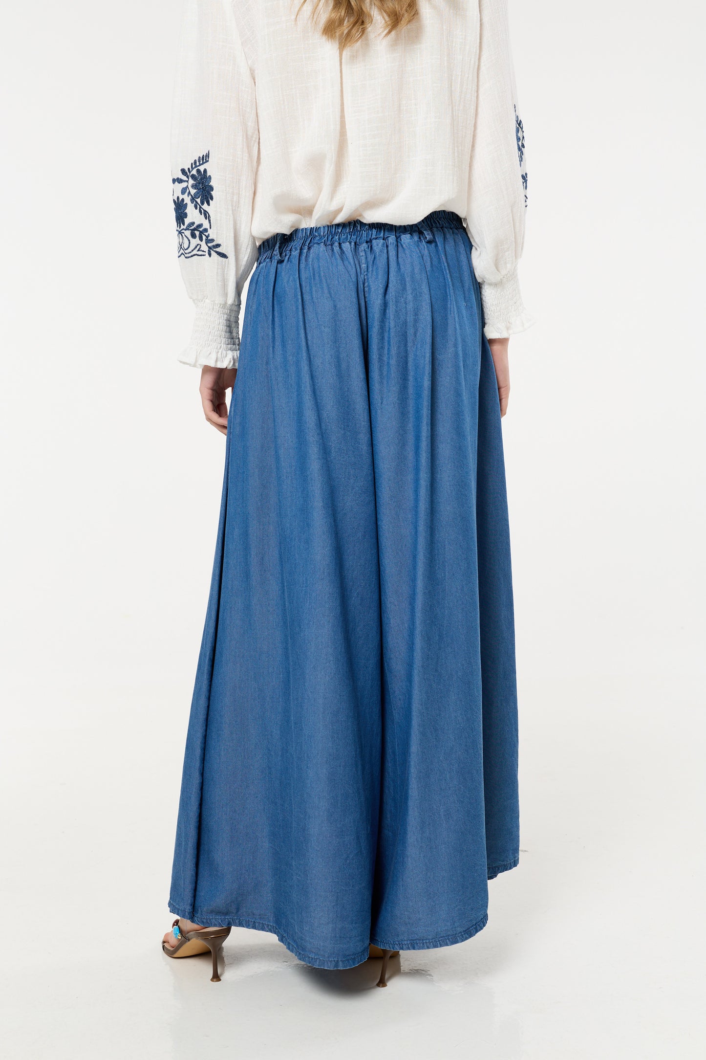
                  
                    Dark Blue Denim Wide Leg Palazzo Trousers
                  
                