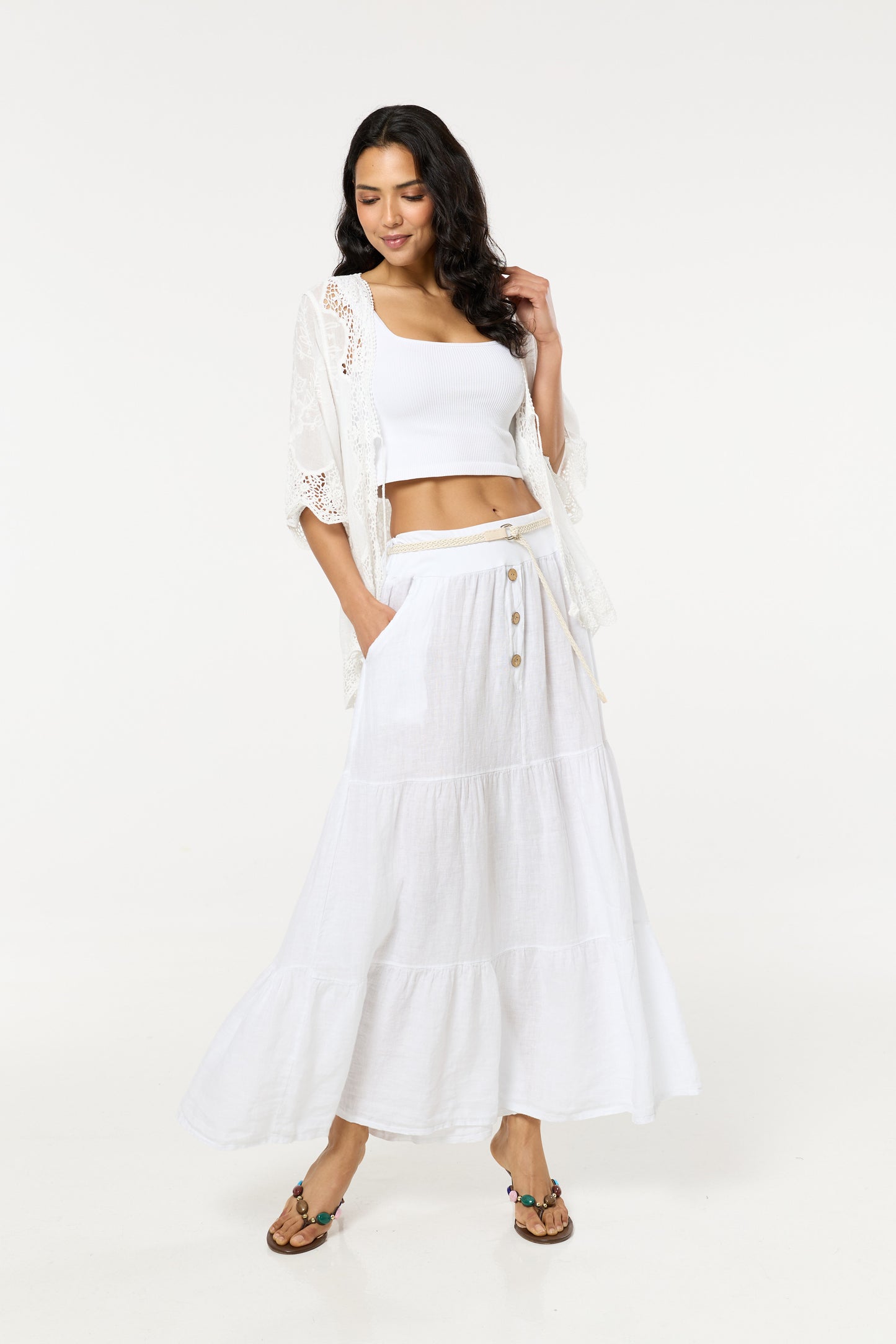 
                  
                    White Linen Tiered Maxi Skirt With Belt
                  
                