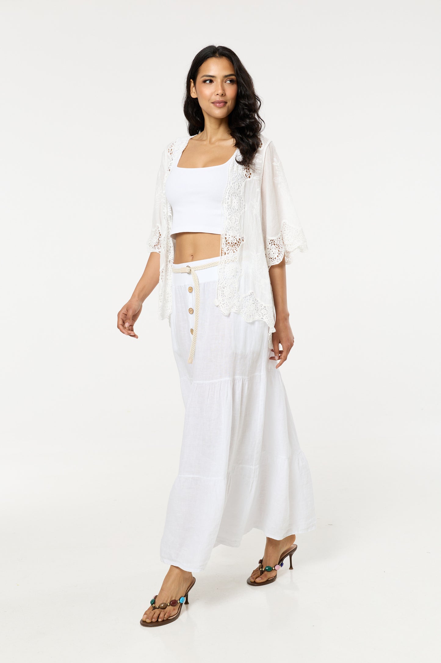 
                  
                    White Linen Tiered Maxi Skirt With Belt
                  
                