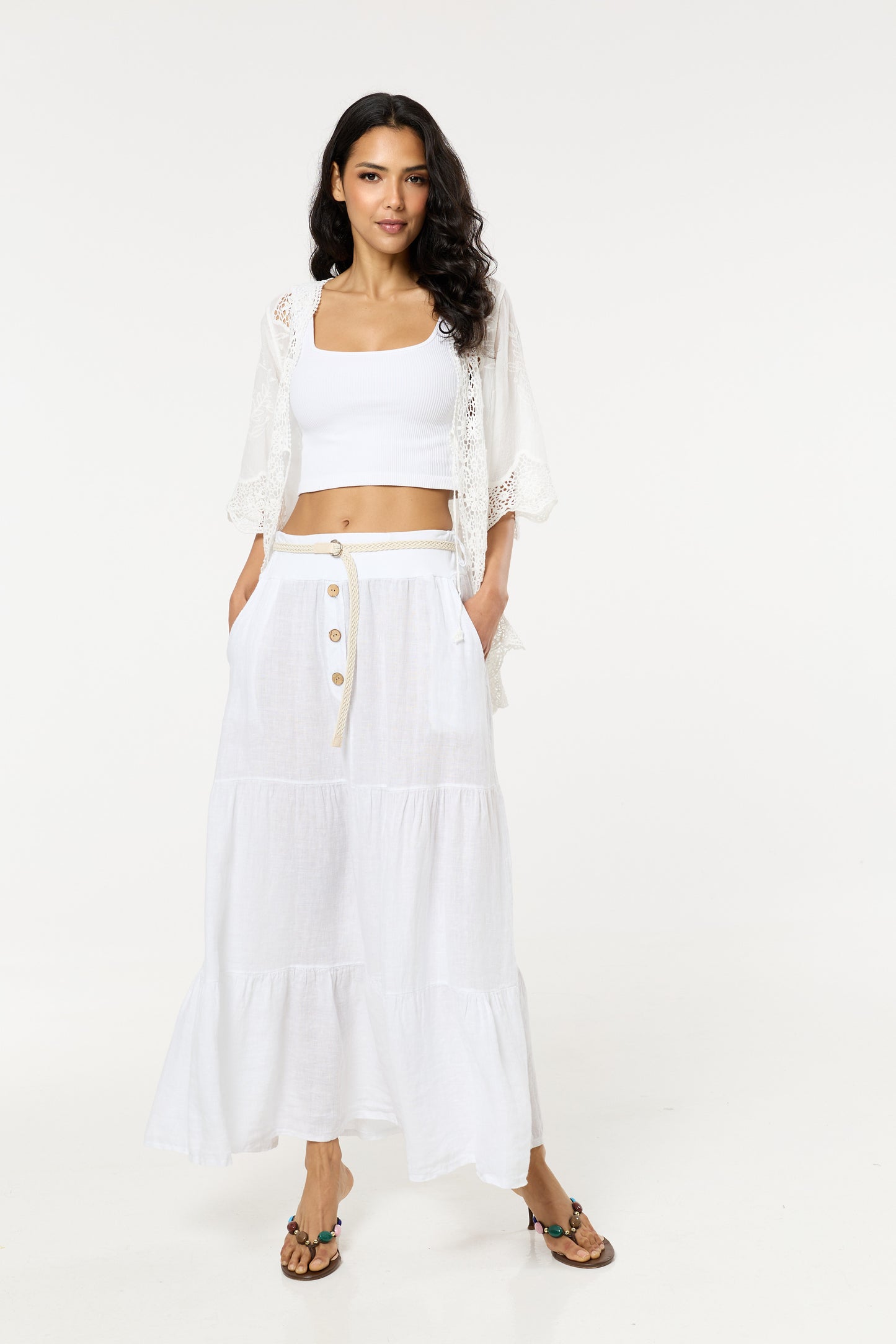 
                  
                    White Linen Tiered Maxi Skirt With Belt
                  
                
