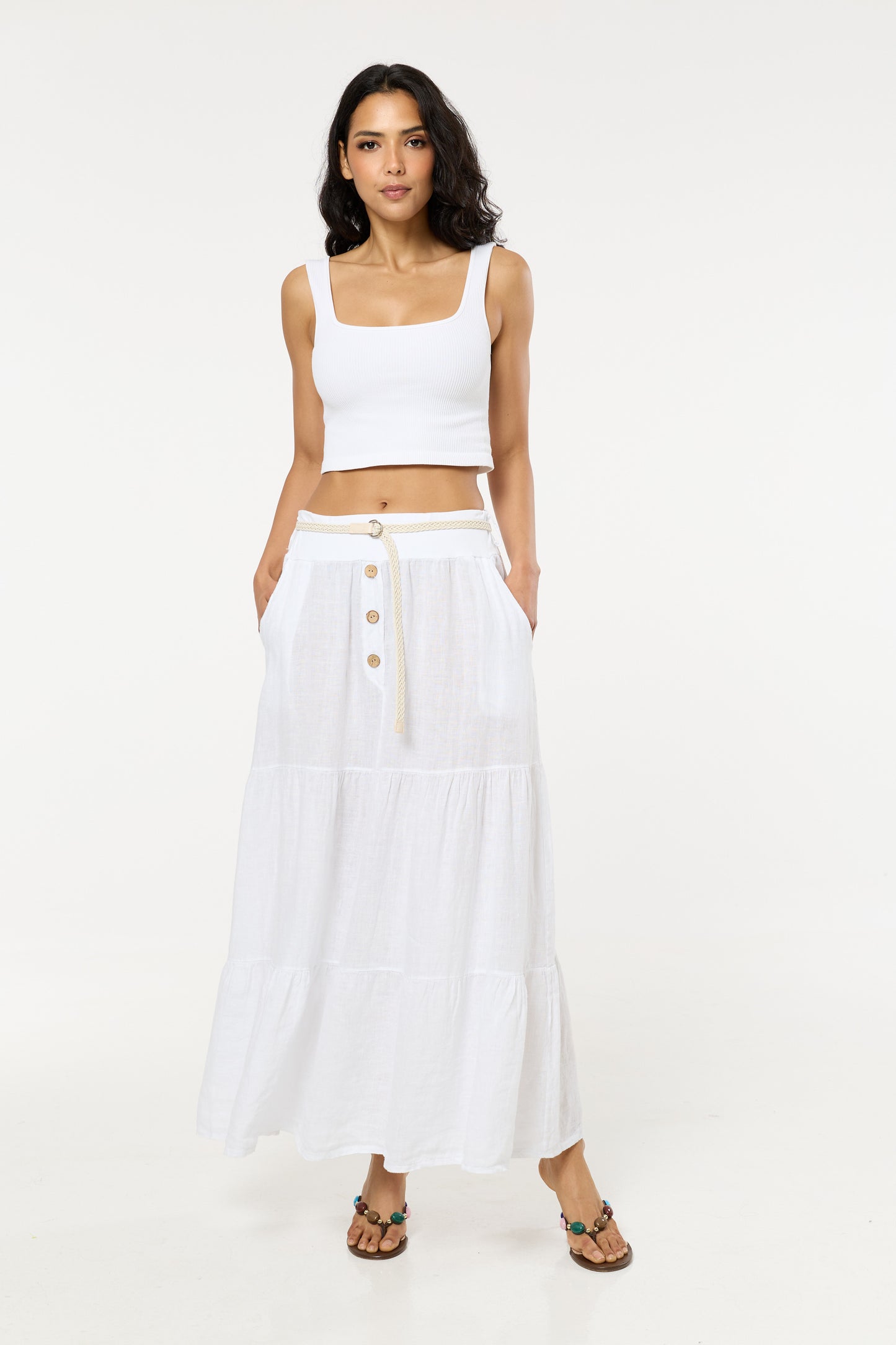 
                  
                    White Linen Tiered Maxi Skirt With Belt
                  
                
