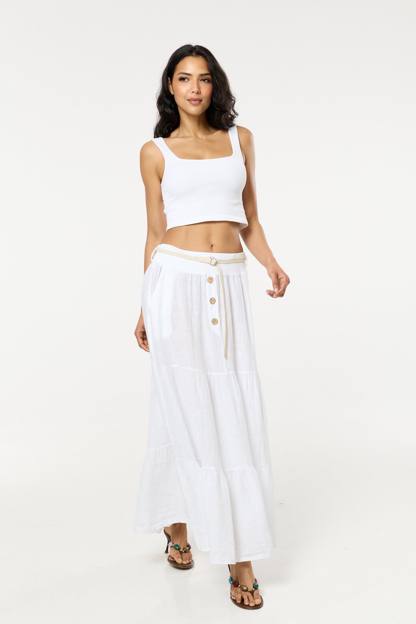 
                  
                    White Linen Tiered Maxi Skirt With Belt
                  
                