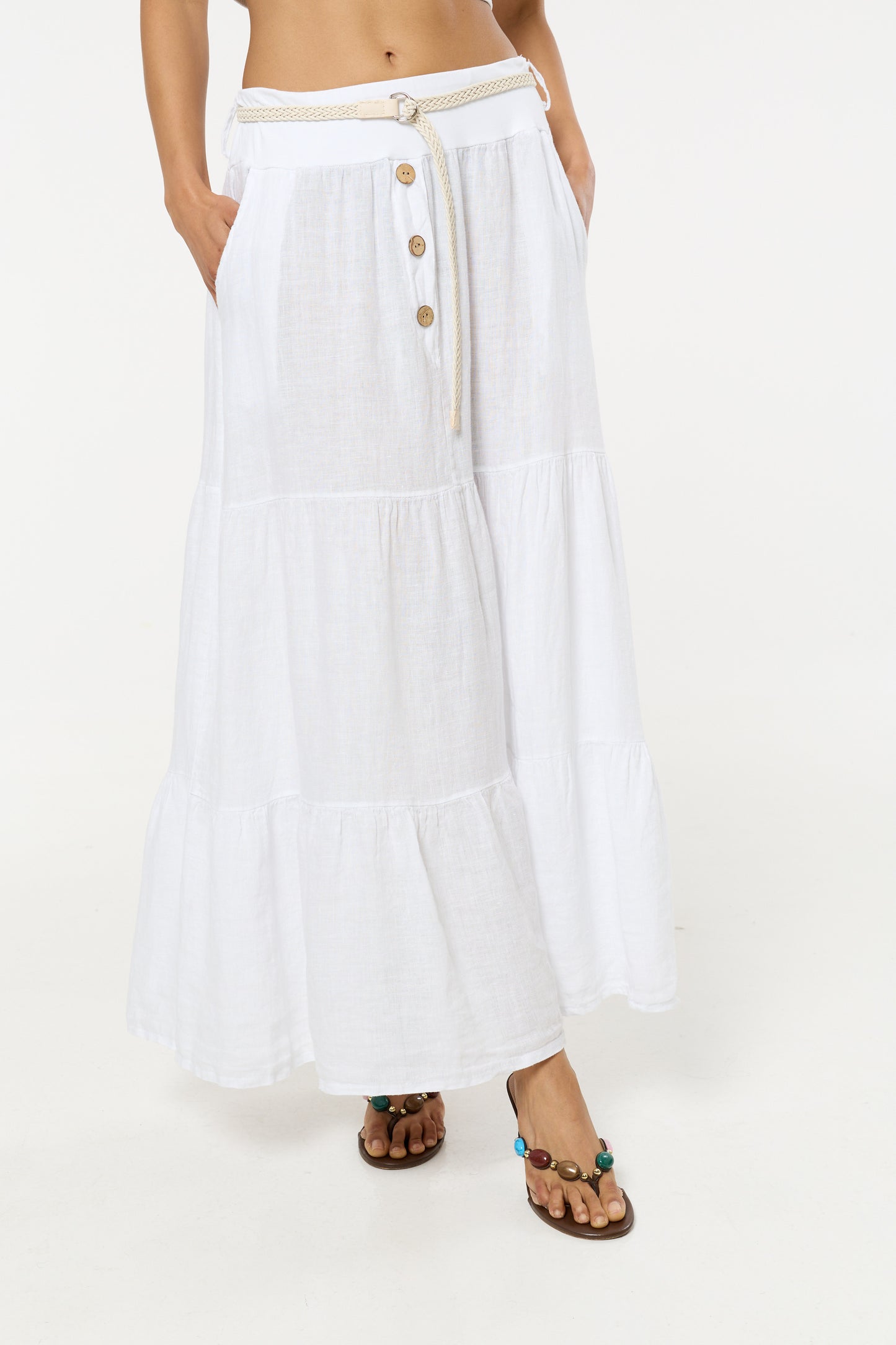 
                  
                    White Linen Tiered Maxi Skirt With Belt
                  
                
