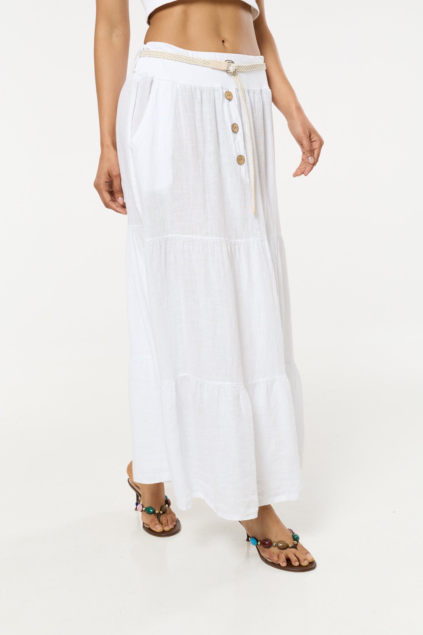 
                  
                    White Linen Tiered Maxi Skirt With Belt
                  
                