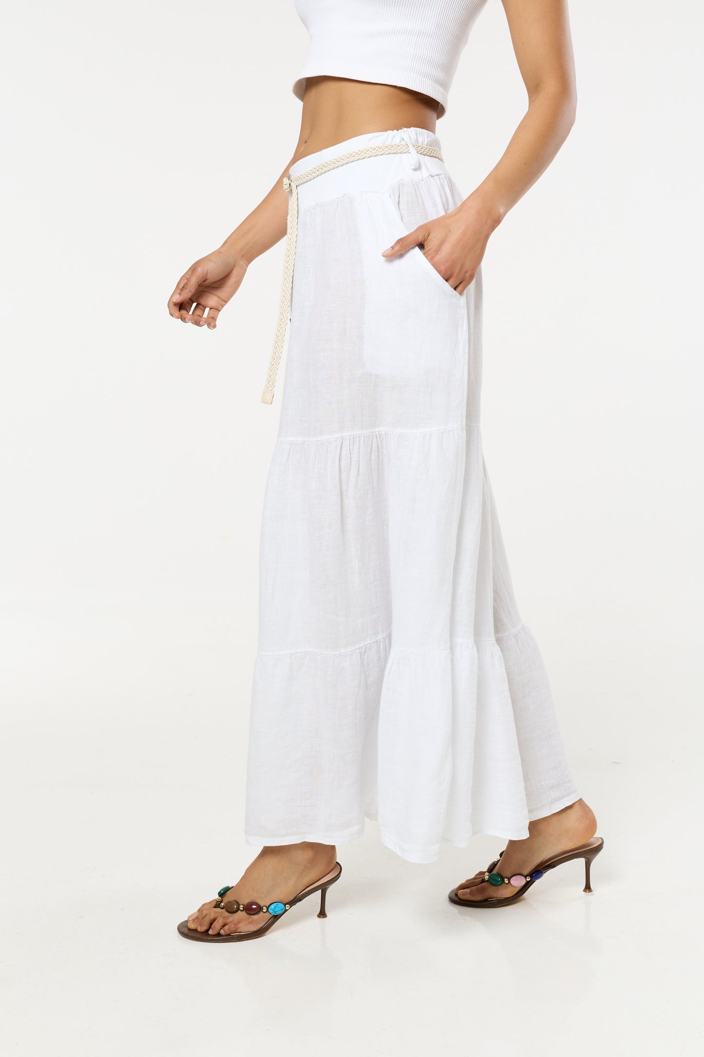 
                  
                    White Linen Tiered Maxi Skirt With Belt
                  
                