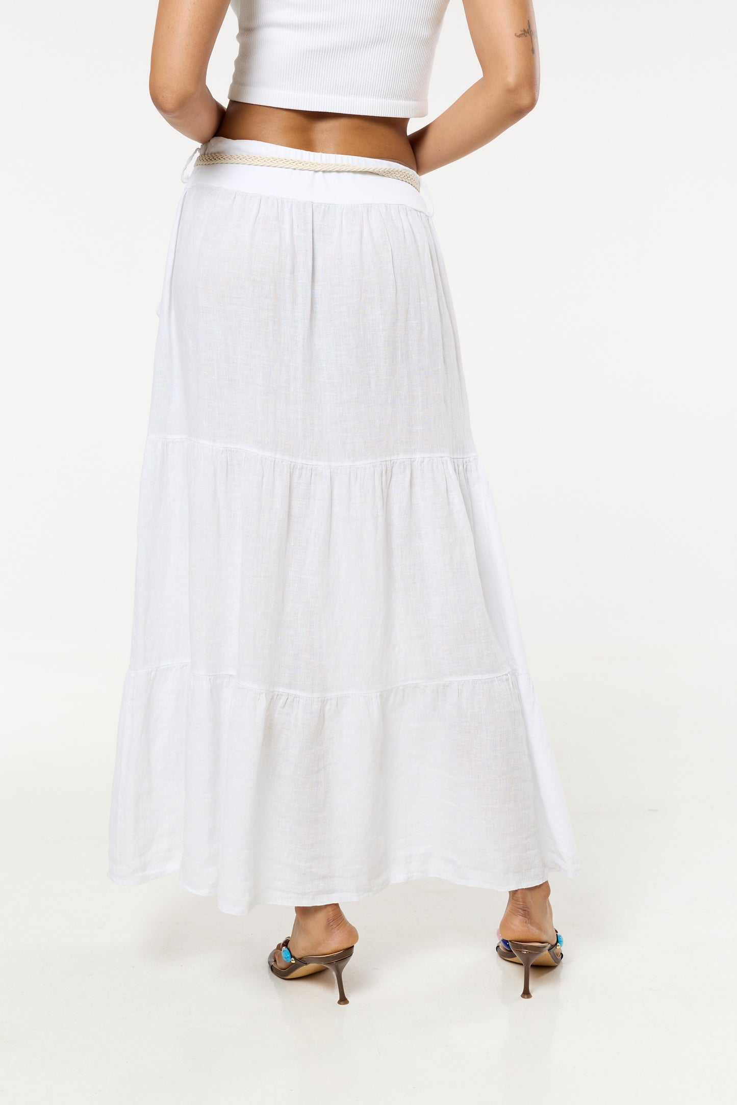
                  
                    White Linen Tiered Maxi Skirt With Belt
                  
                
