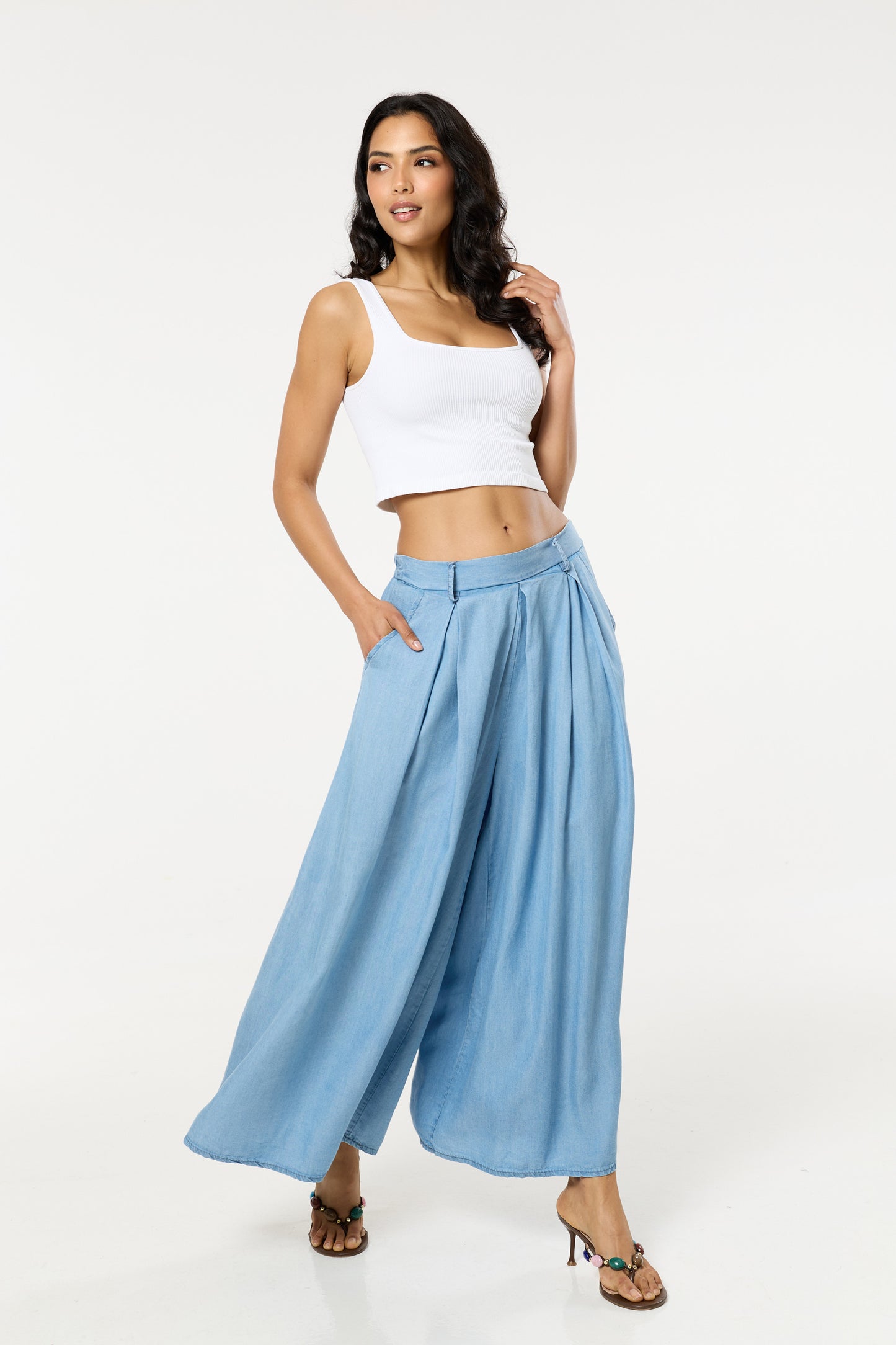 
                  
                    Light Blue Denim Wide Leg Palazzo Trousers
                  
                