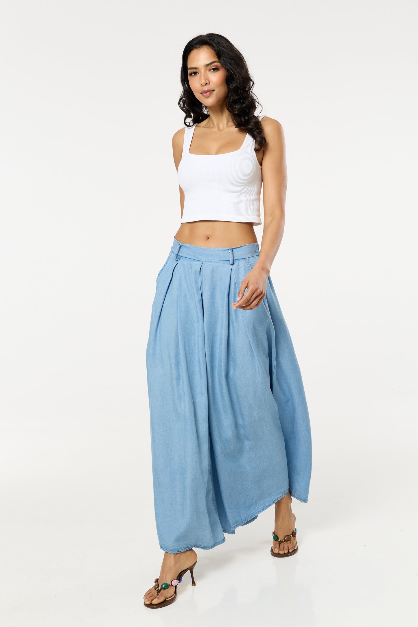 
                  
                    Light Blue Denim Wide Leg Palazzo Trousers
                  
                