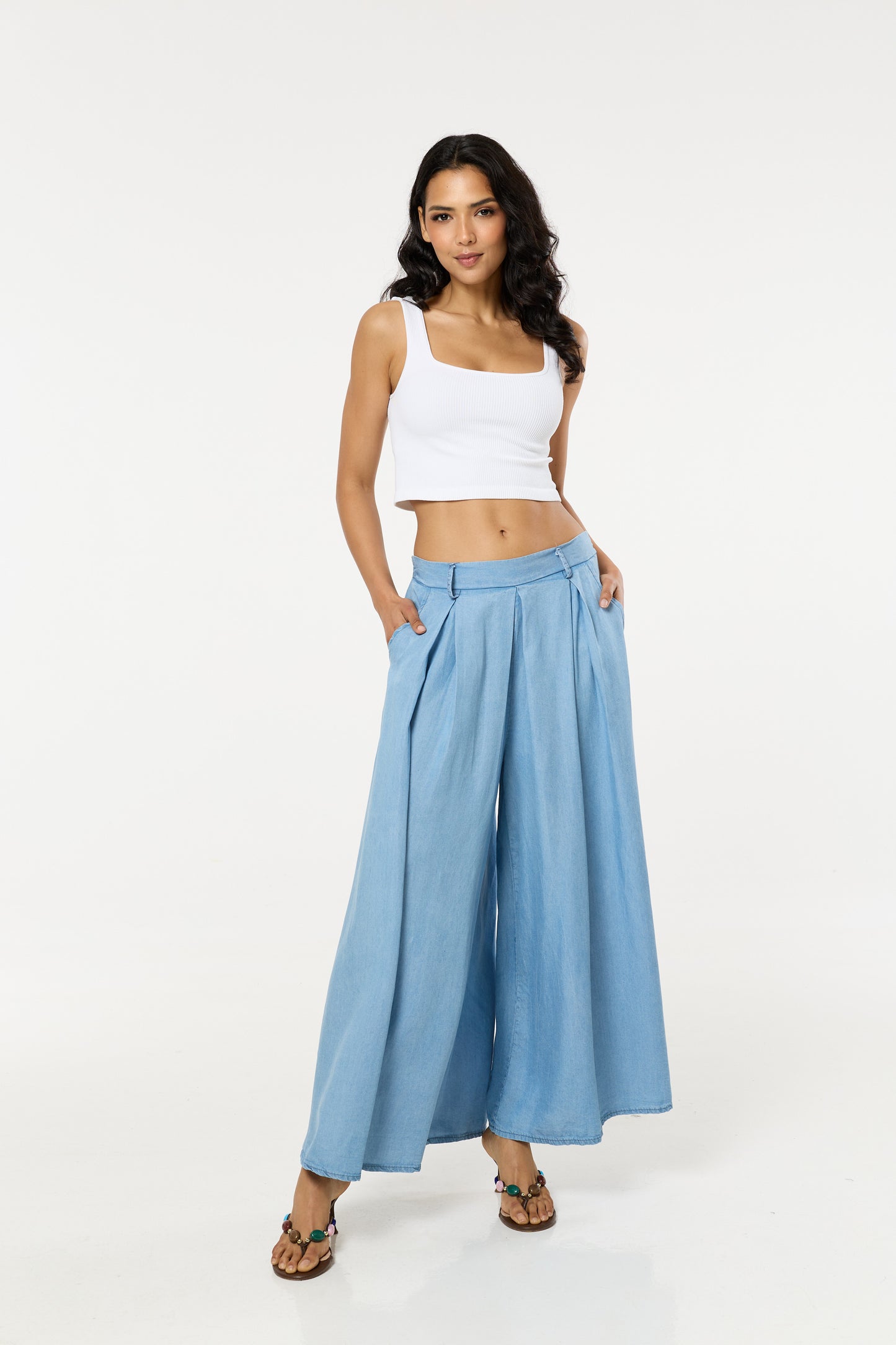 
                  
                    Light Blue Denim Wide Leg Palazzo Trousers
                  
                