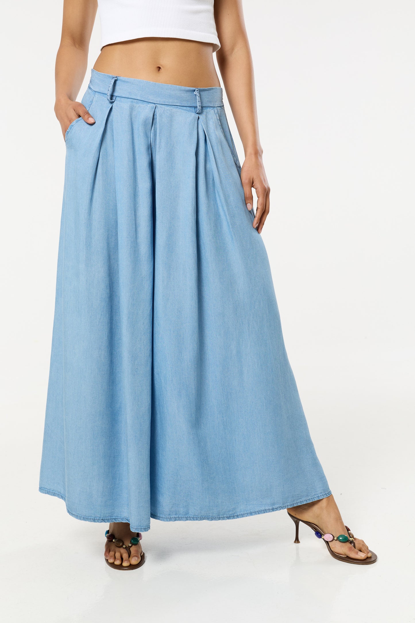 
                  
                    Light Blue Denim Wide Leg Palazzo Trousers
                  
                