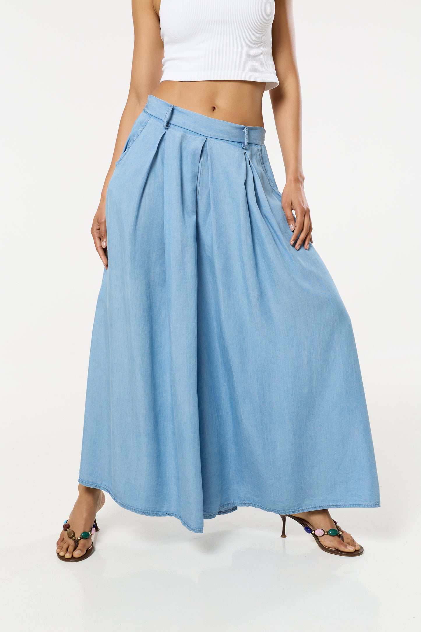 
                  
                    Light Blue Denim Wide Leg Palazzo Trousers
                  
                