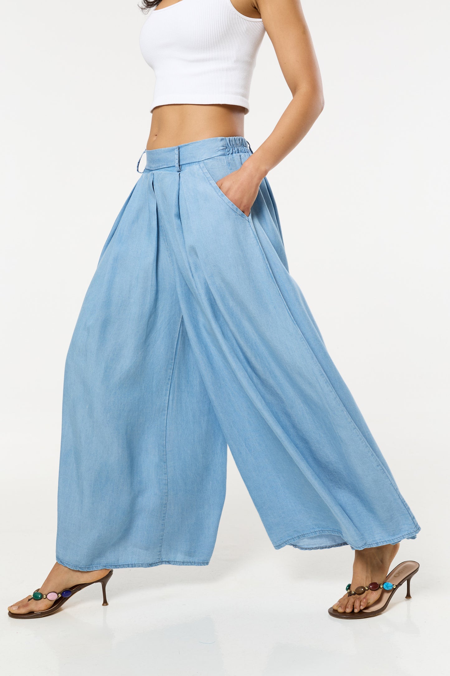 
                  
                    Light Blue Denim Wide Leg Palazzo Trousers
                  
                