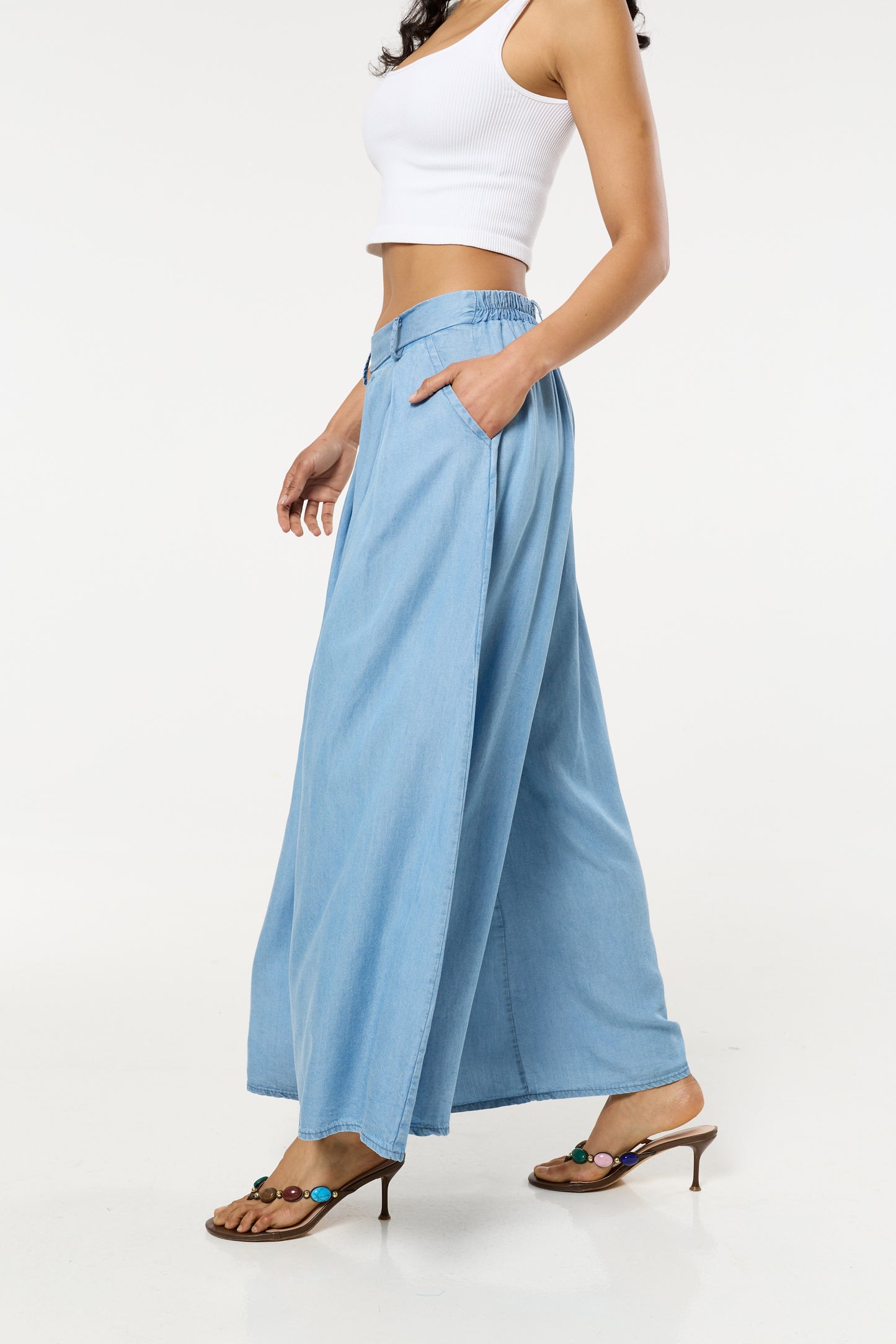 
                  
                    Light Blue Denim Wide Leg Palazzo Trousers
                  
                