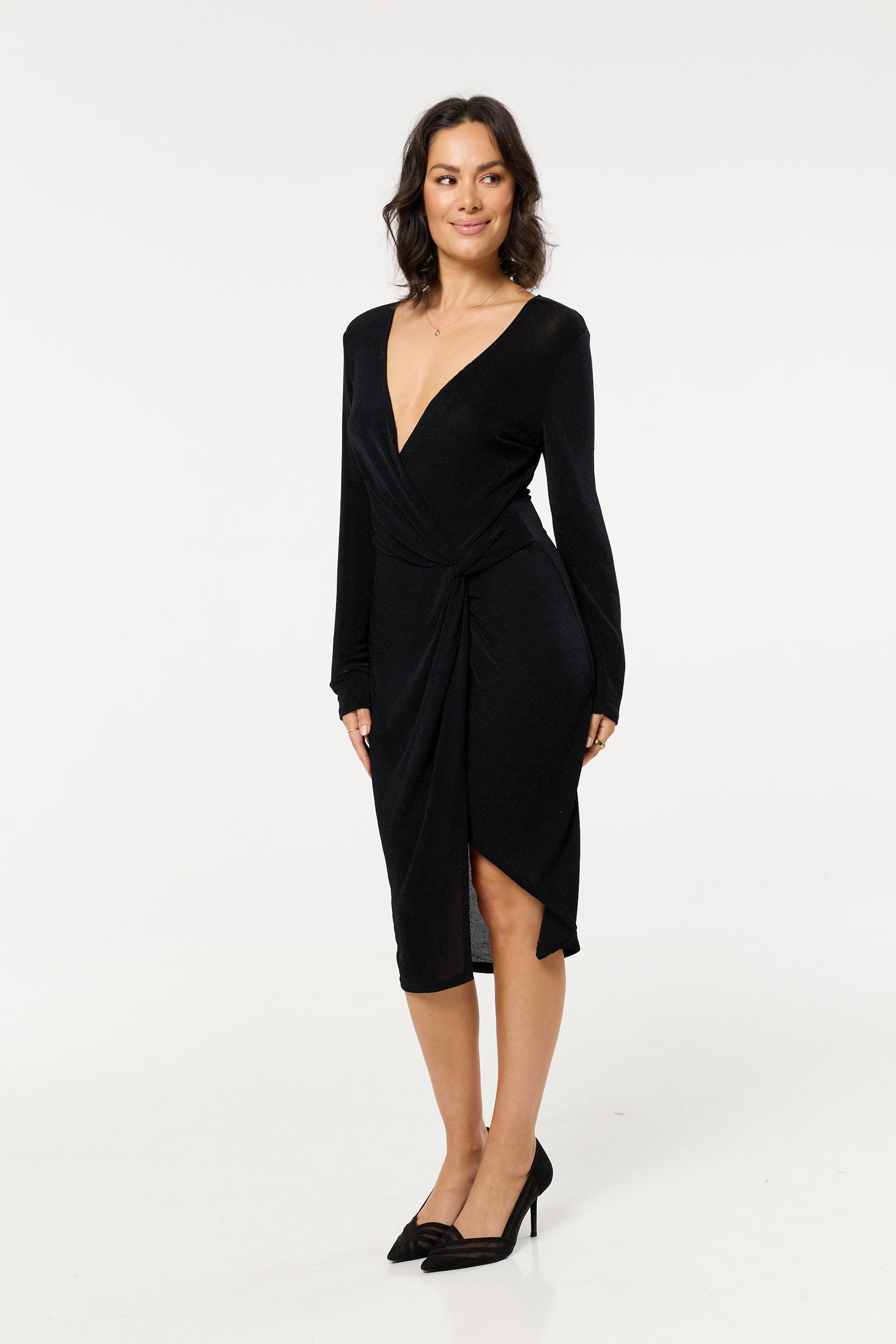 
                  
                    Black Glitter Knot Front Midi Dress
                  
                