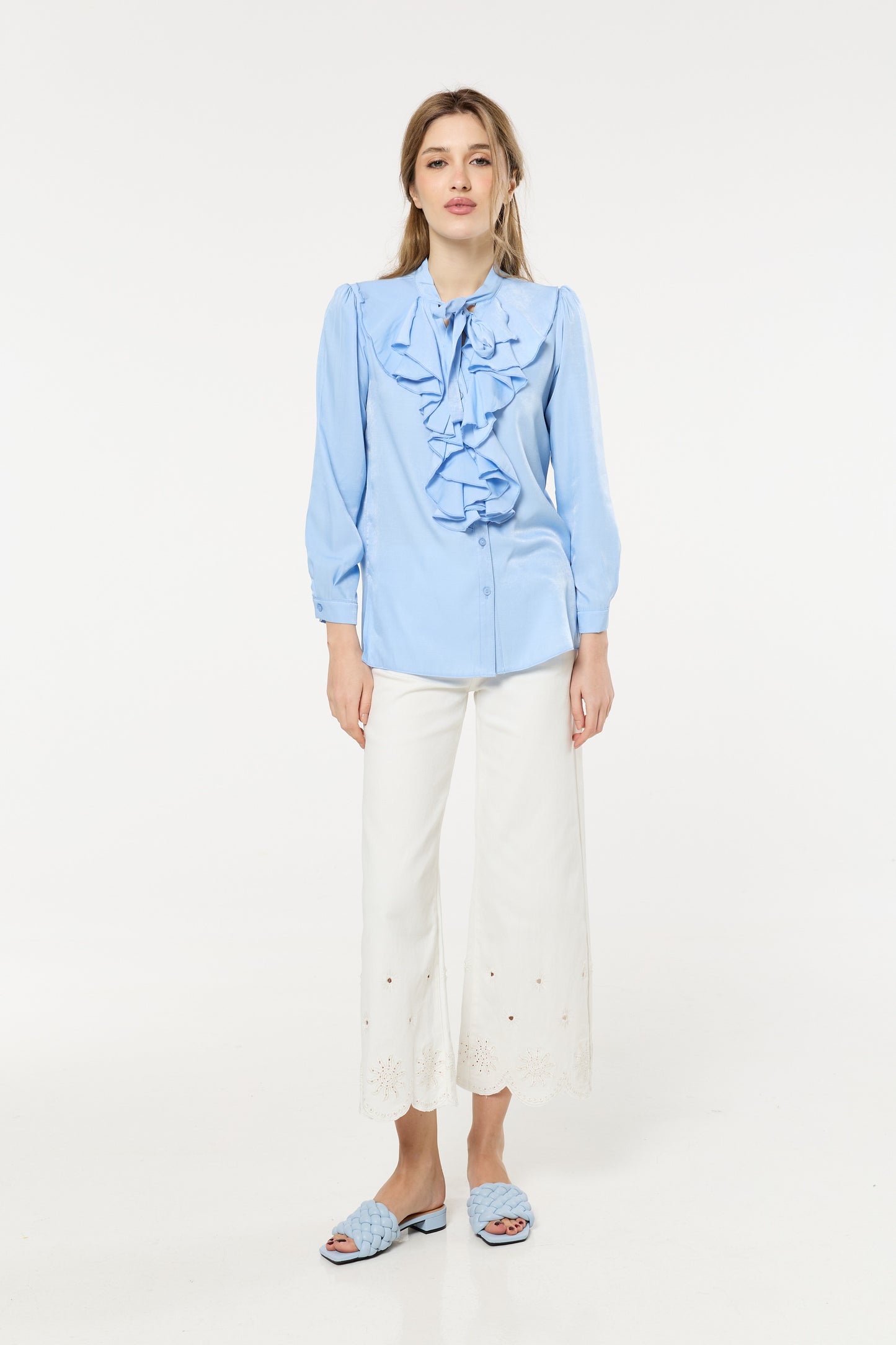 
                  
                    Blue Ruffle Tie-Neck Blouse
                  
                