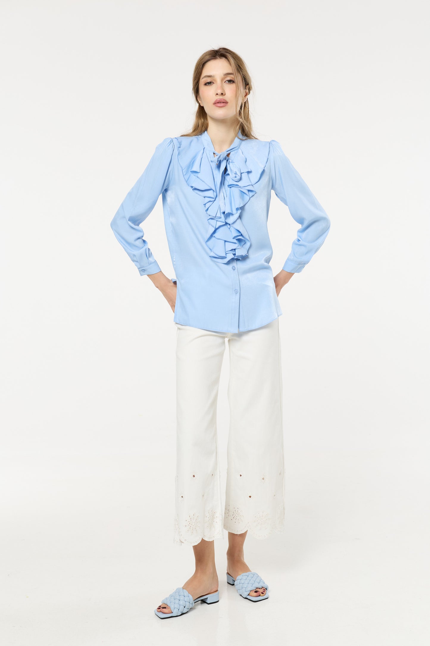 
                  
                    Blue Ruffle Tie-Neck Blouse
                  
                