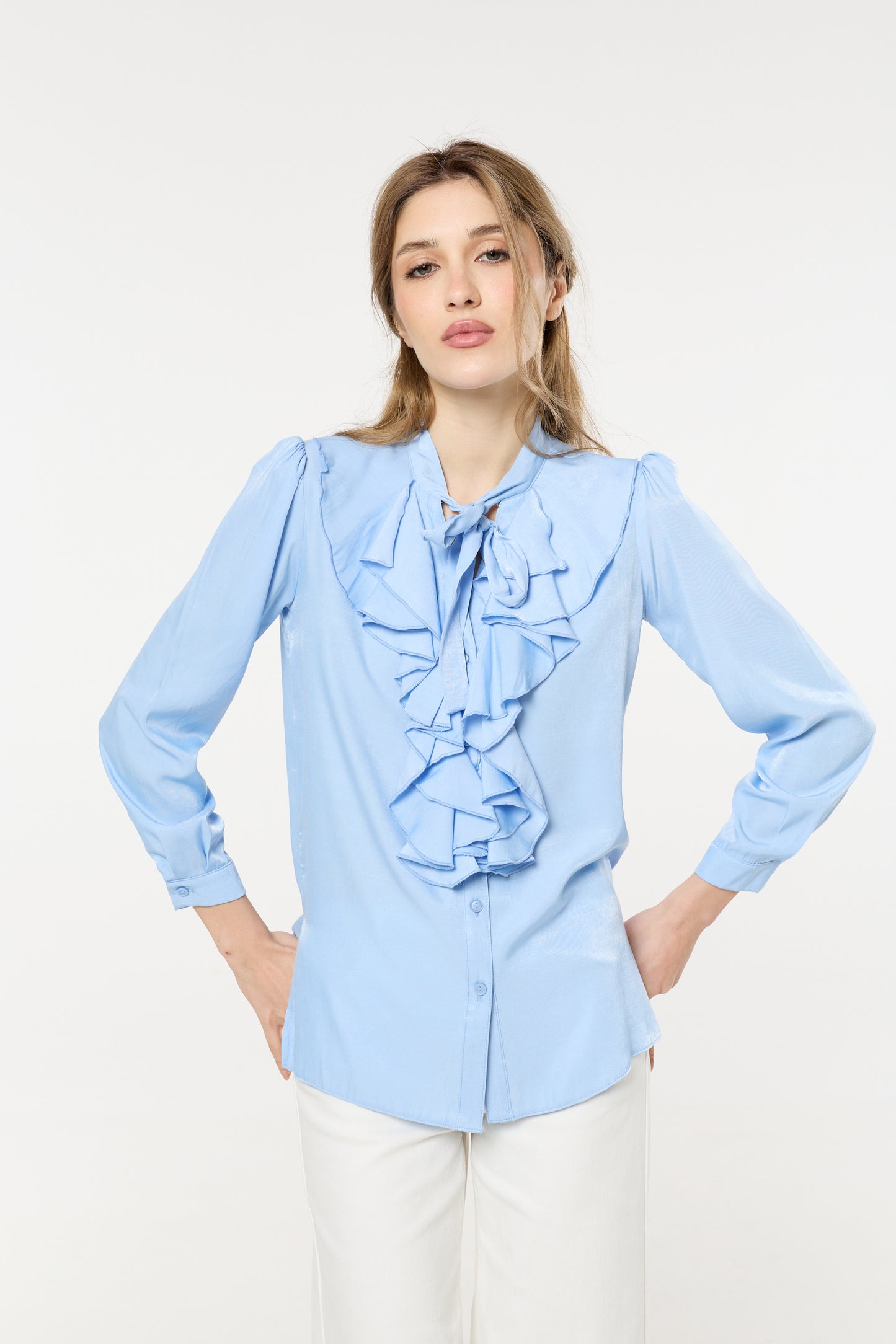
                  
                    Blue Ruffle Tie-Neck Blouse
                  
                