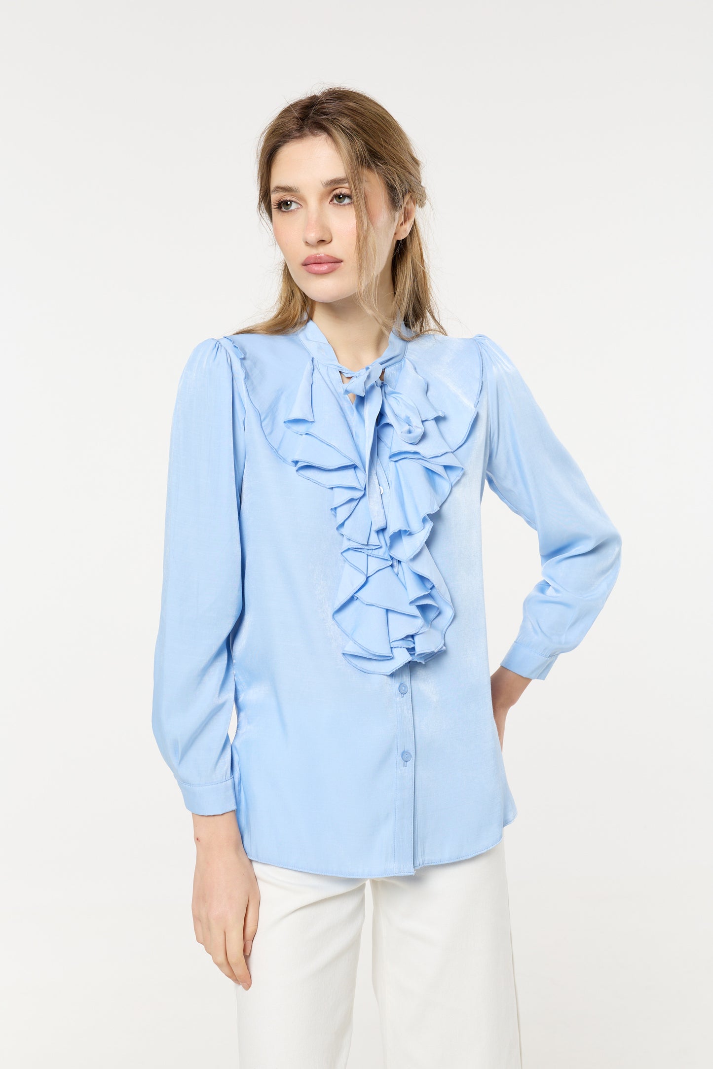 
                  
                    Blue Ruffle Tie-Neck Blouse
                  
                