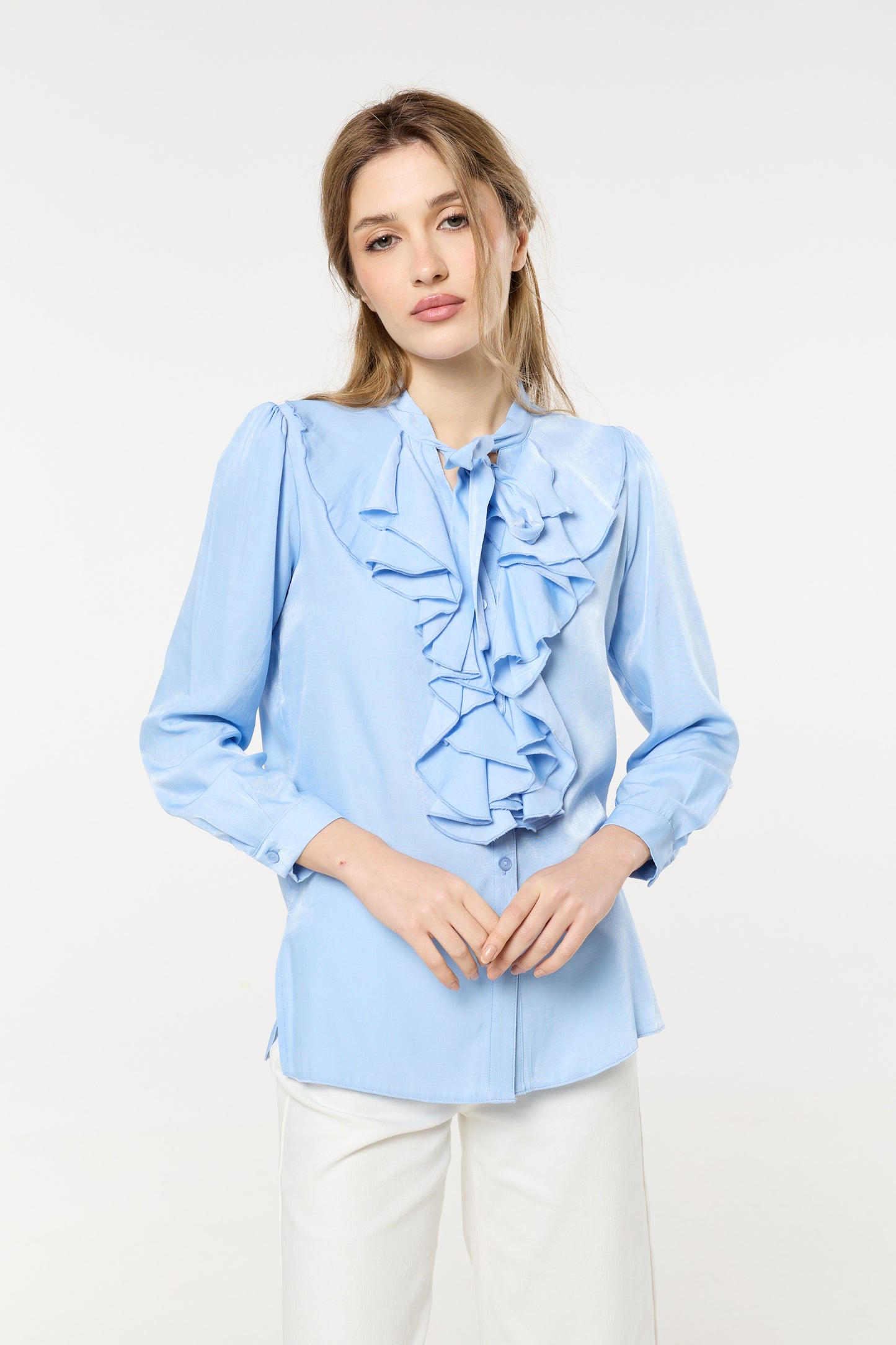 
                  
                    Blue Ruffle Tie-Neck Blouse
                  
                
