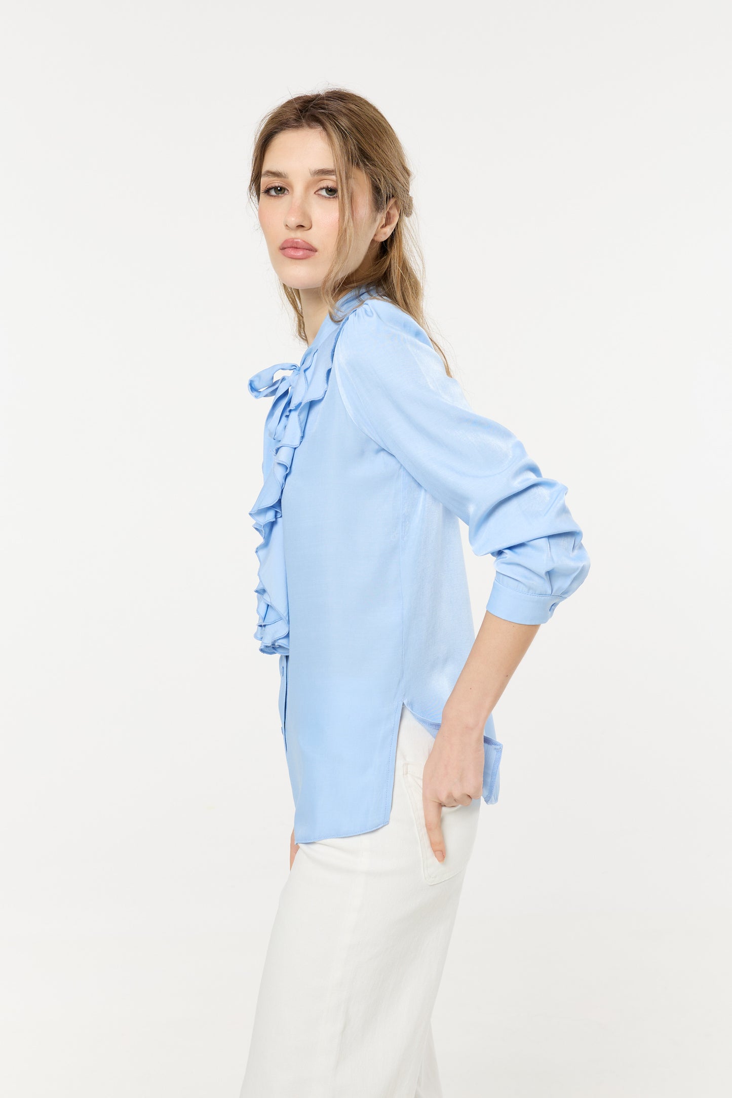 
                  
                    Blue Ruffle Tie-Neck Blouse
                  
                