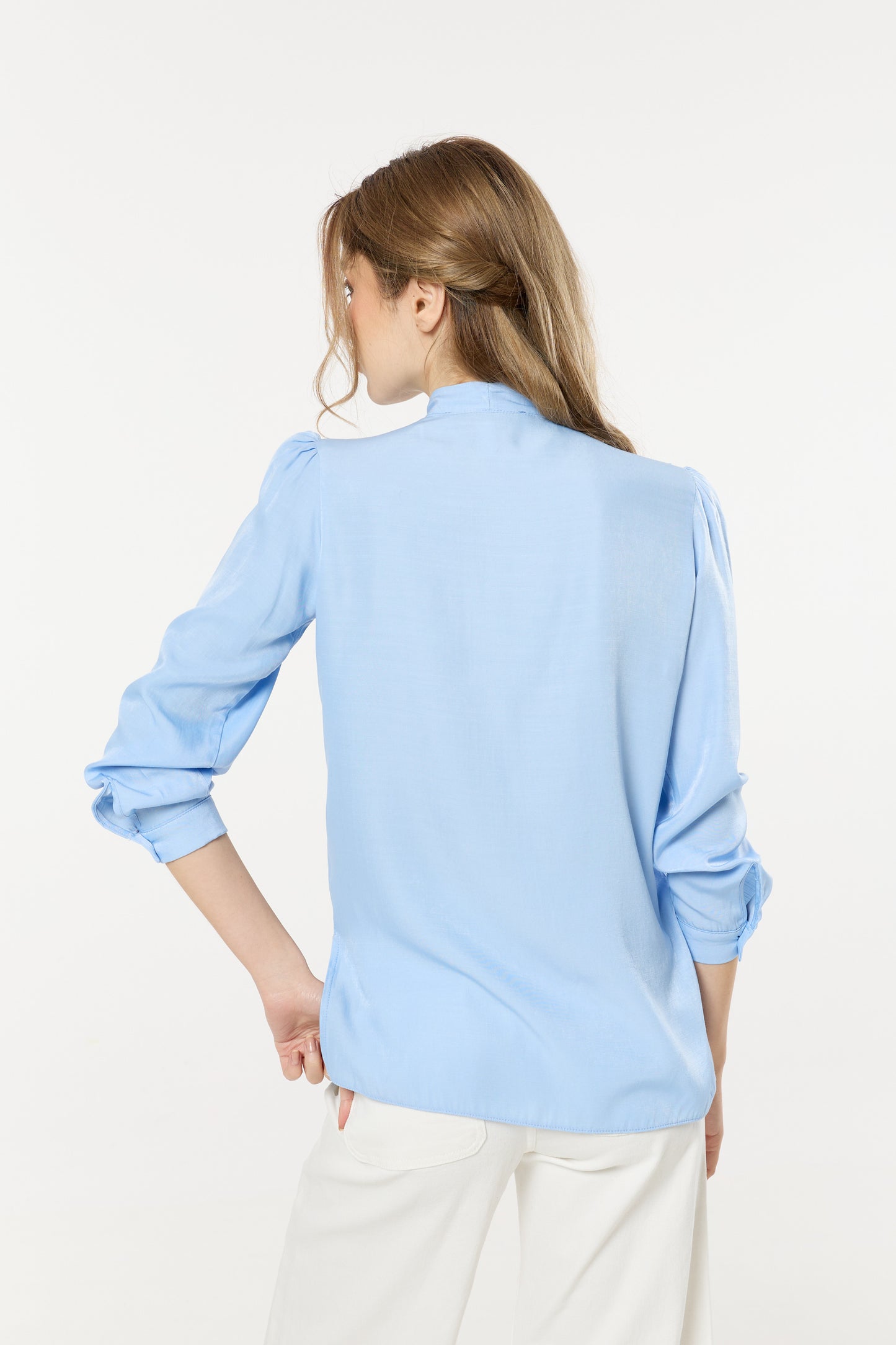 
                  
                    Blue Ruffle Tie-Neck Blouse
                  
                