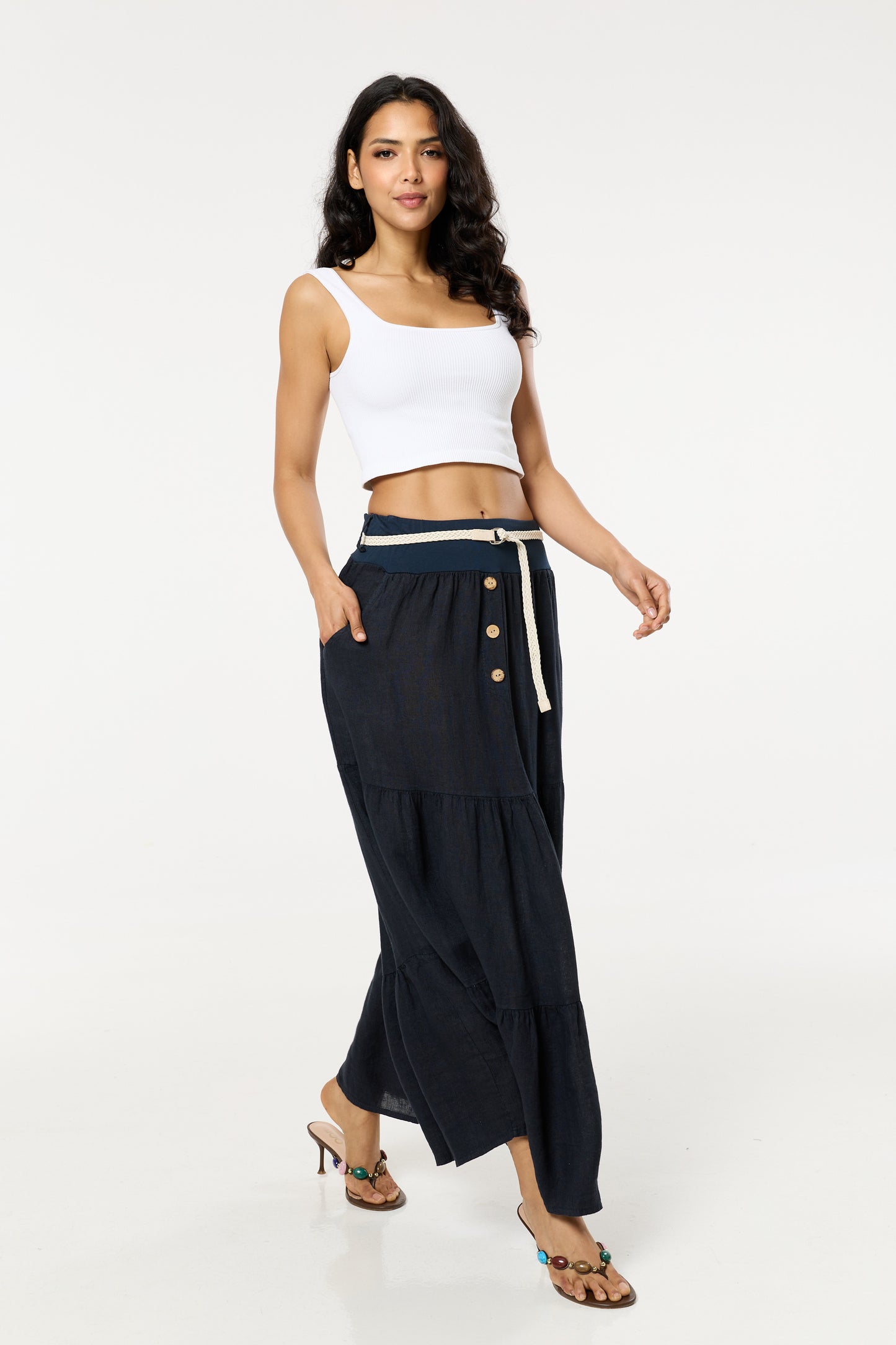 
                  
                    Navy Linen Tiered Maxi Skirt With Belt
                  
                