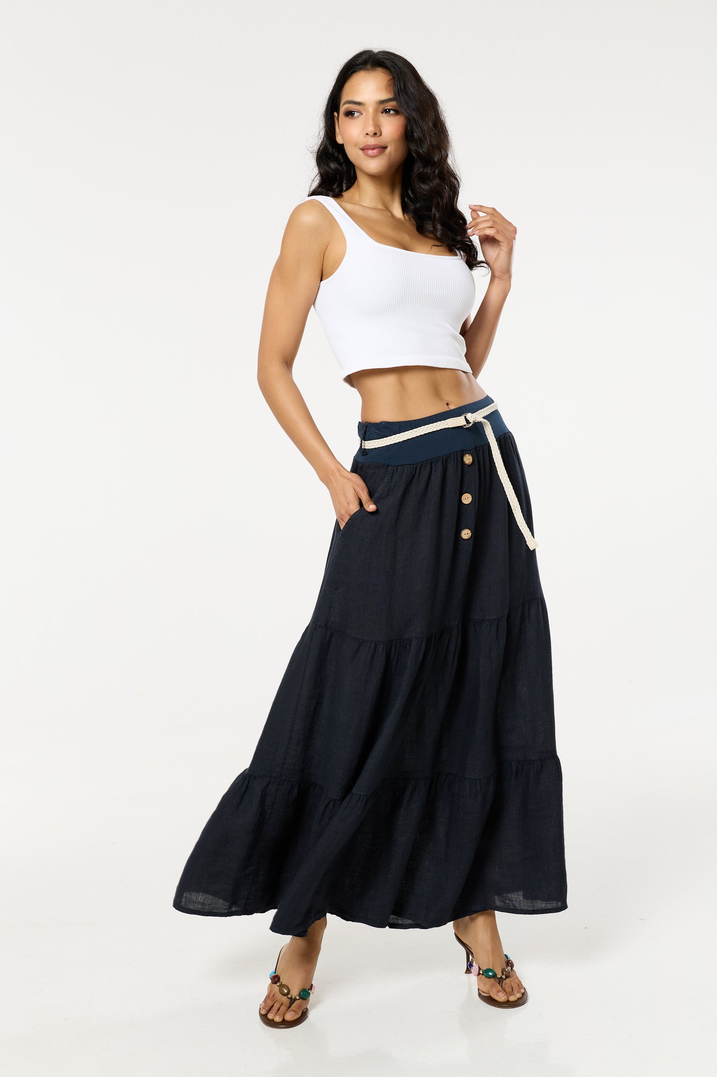 
                  
                    Navy Linen Tiered Maxi Skirt With Belt
                  
                