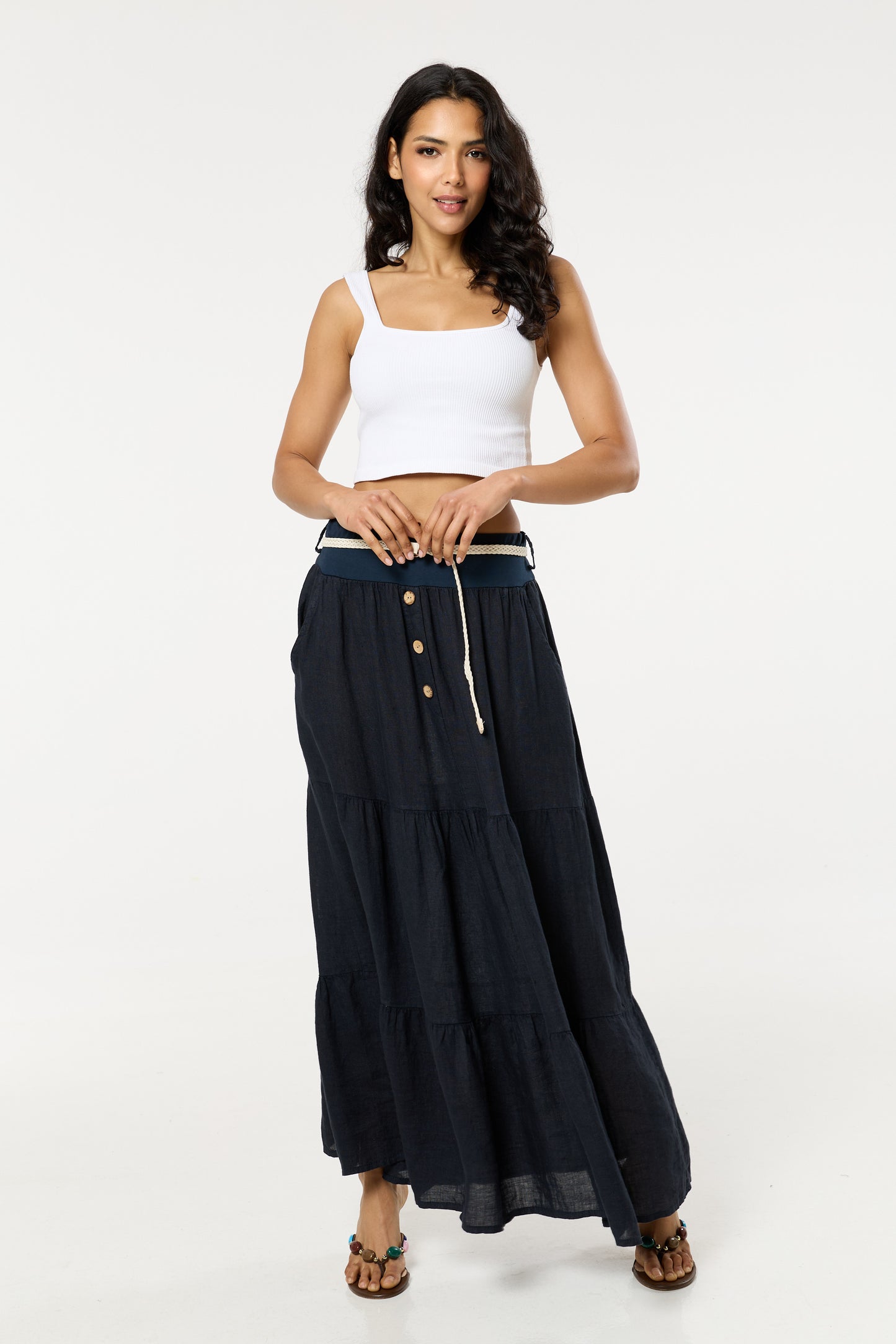 
                  
                    Navy Linen Tiered Maxi Skirt With Belt
                  
                