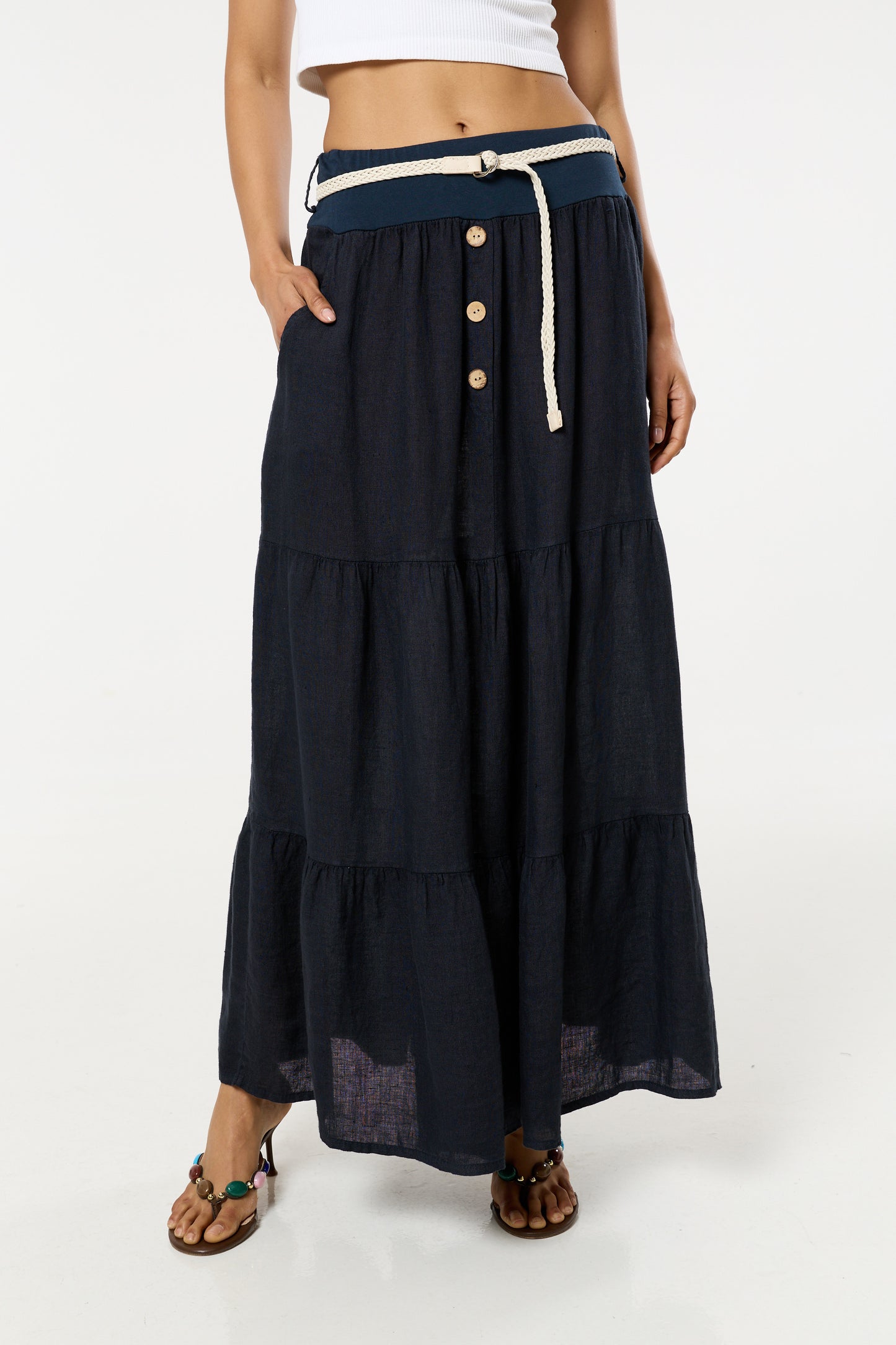 
                  
                    Navy Linen Tiered Maxi Skirt With Belt
                  
                