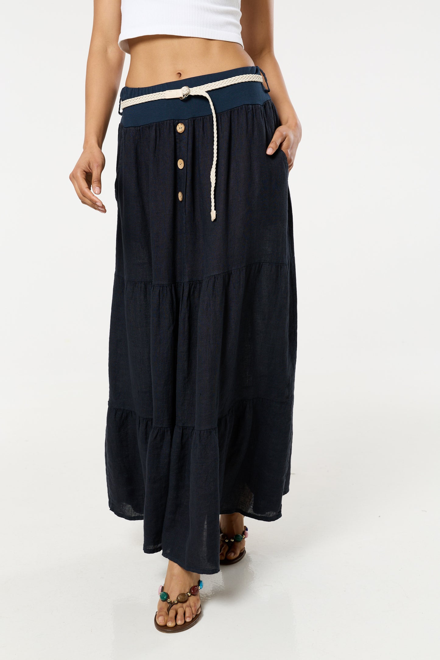 
                  
                    Navy Linen Tiered Maxi Skirt With Belt
                  
                