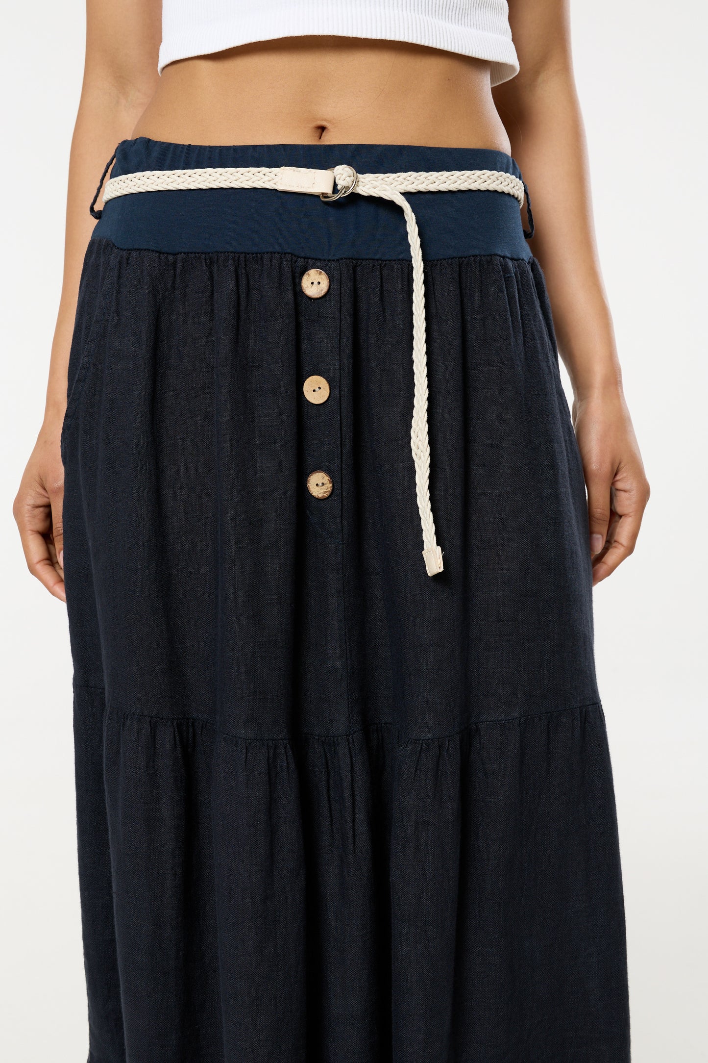 
                  
                    Navy Linen Tiered Maxi Skirt With Belt
                  
                