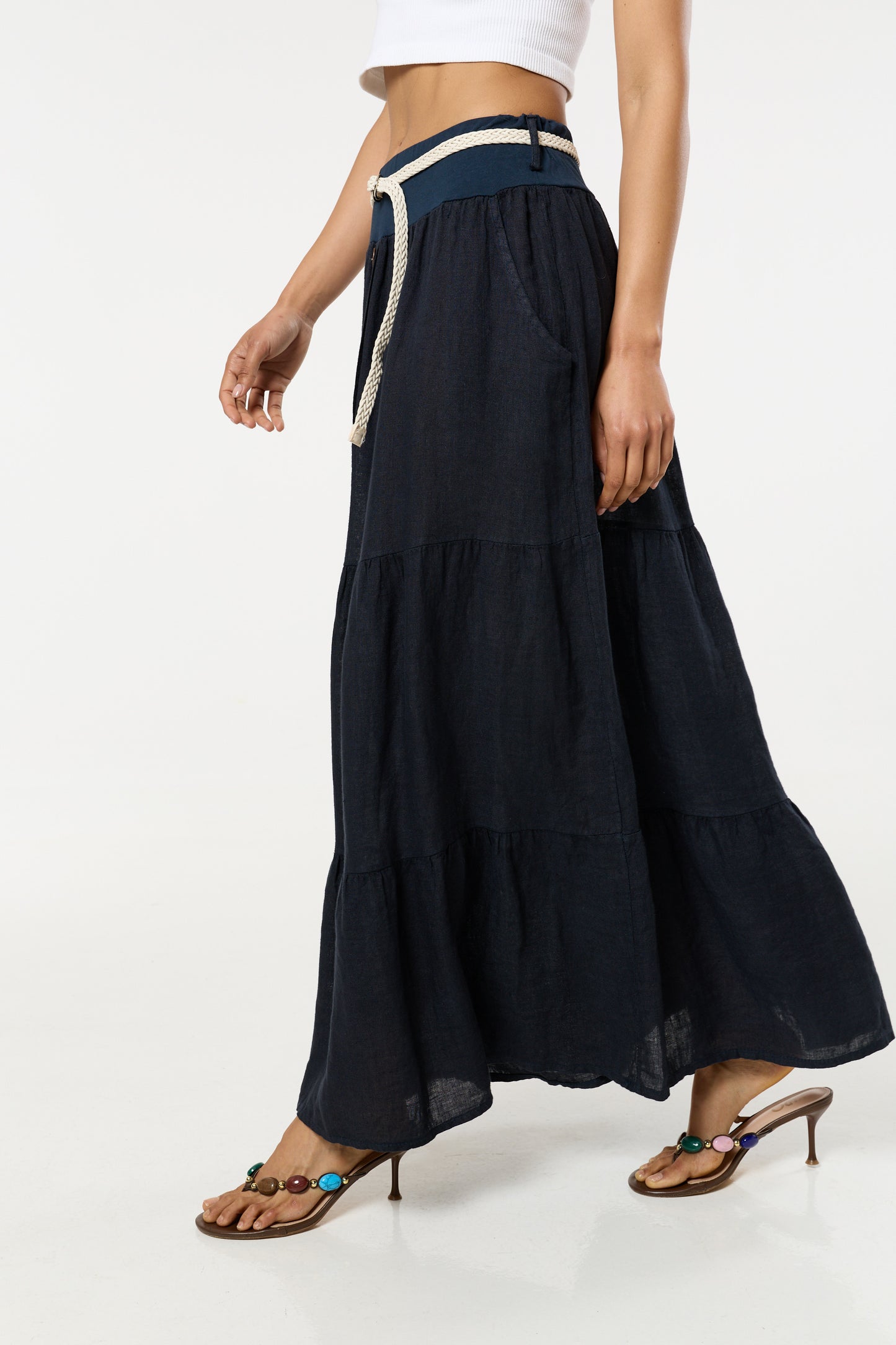 
                  
                    Navy Linen Tiered Maxi Skirt With Belt
                  
                