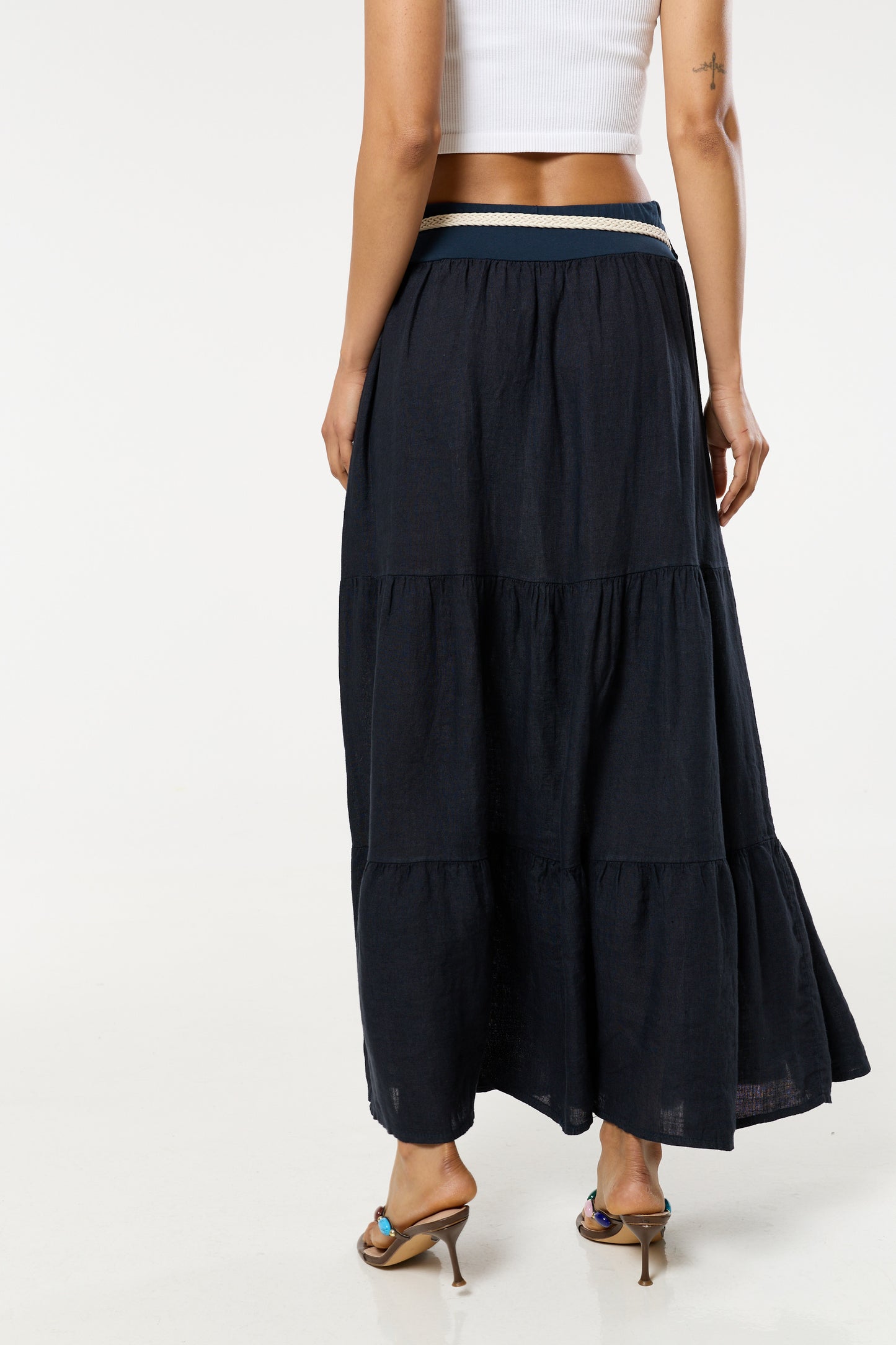 
                  
                    Navy Linen Tiered Maxi Skirt With Belt
                  
                