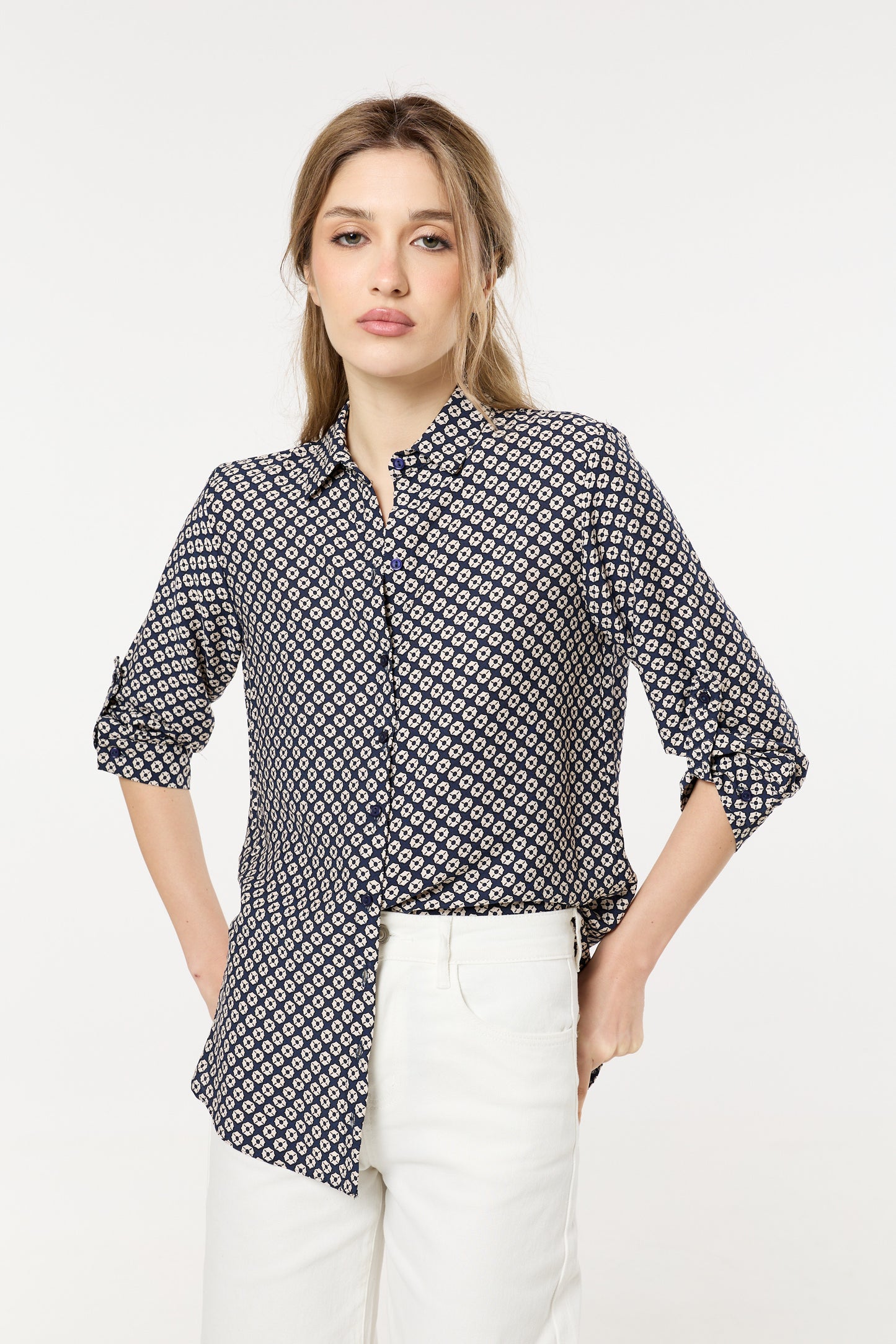 
                  
                    Navy Geometric Print Button-Down Shirt
                  
                