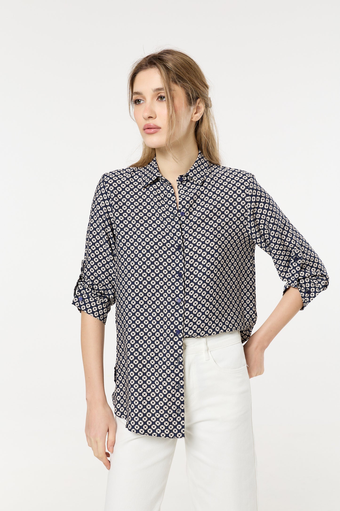 
                  
                    Navy Geometric Print Button-Down Shirt
                  
                