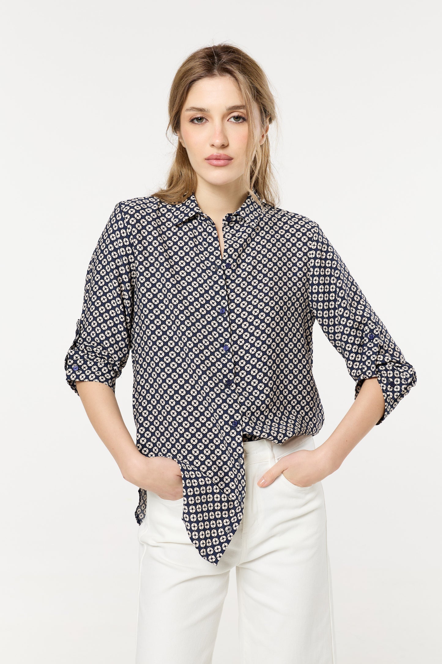 
                  
                    Navy Geometric Print Button-Down Shirt
                  
                