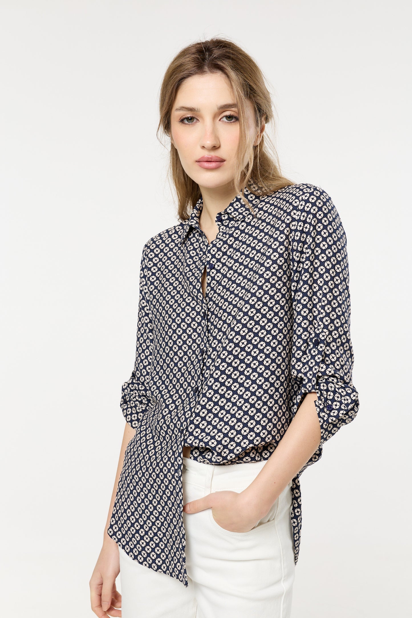
                  
                    Navy Geometric Print Button-Down Shirt
                  
                