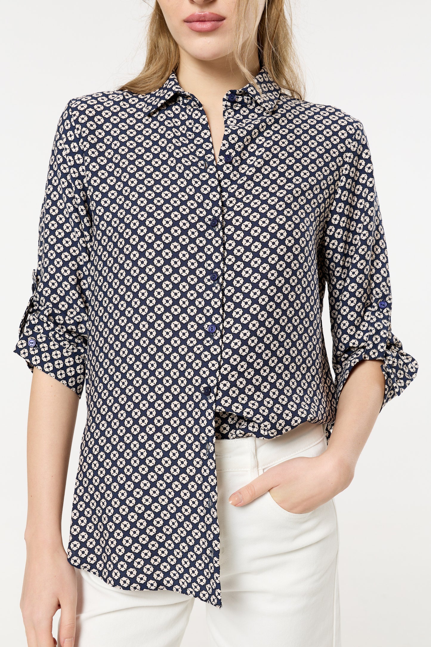 
                  
                    Navy Geometric Print Button-Down Shirt
                  
                