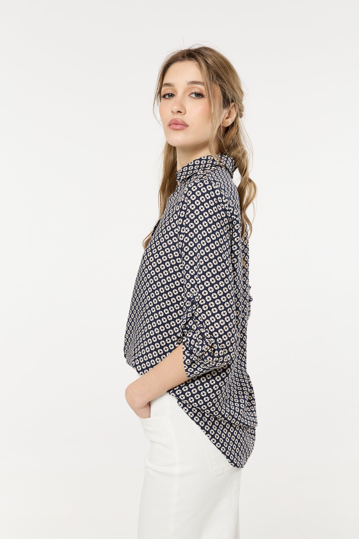 
                  
                    Navy Geometric Print Button-Down Shirt
                  
                
