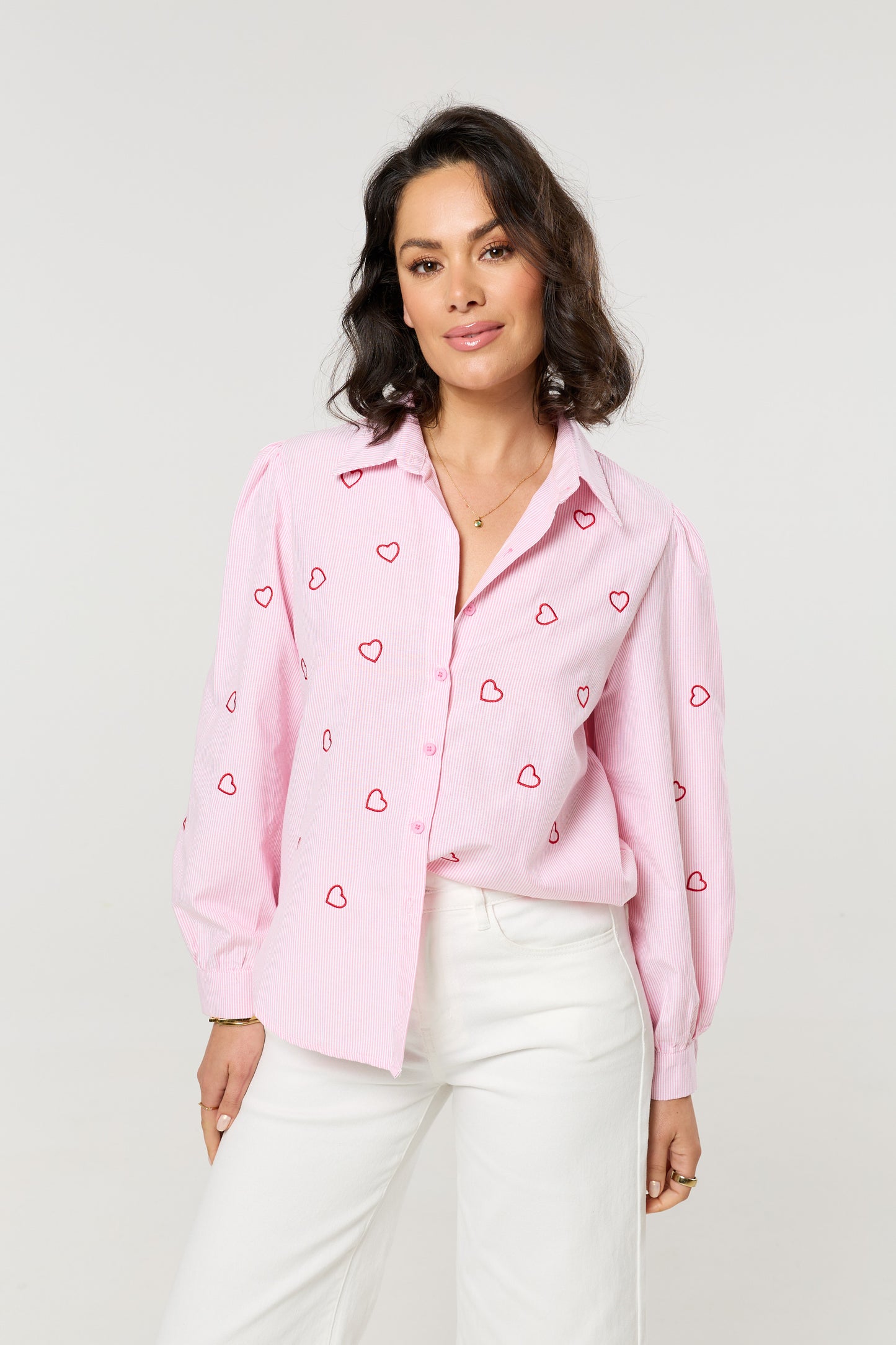 
                  
                    Pink Heart Embroidered Stripe Shirt
                  
                